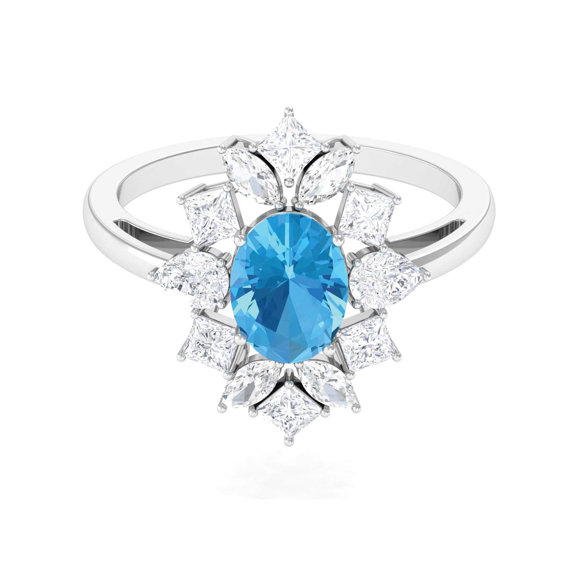 Oval Cut Swiss Blue Topaz Cocktail Ring with Moissanite Stones Swiss Blue Topaz - ( AAA ) - Quality - Rosec Jewels