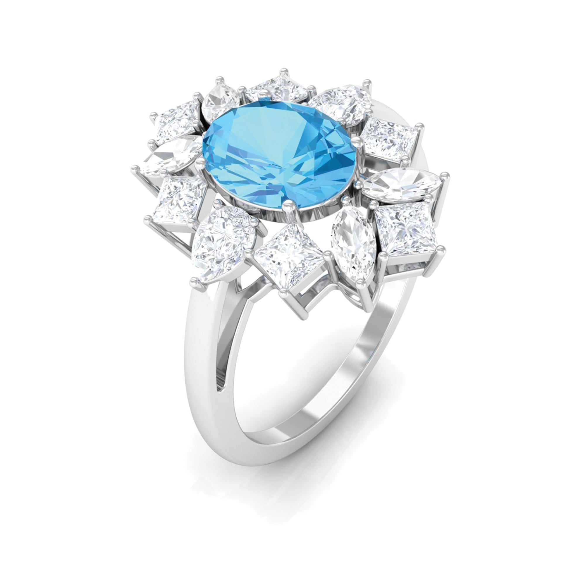 Oval Cut Swiss Blue Topaz Cocktail Ring with Moissanite Stones Swiss Blue Topaz - ( AAA ) - Quality - Rosec Jewels