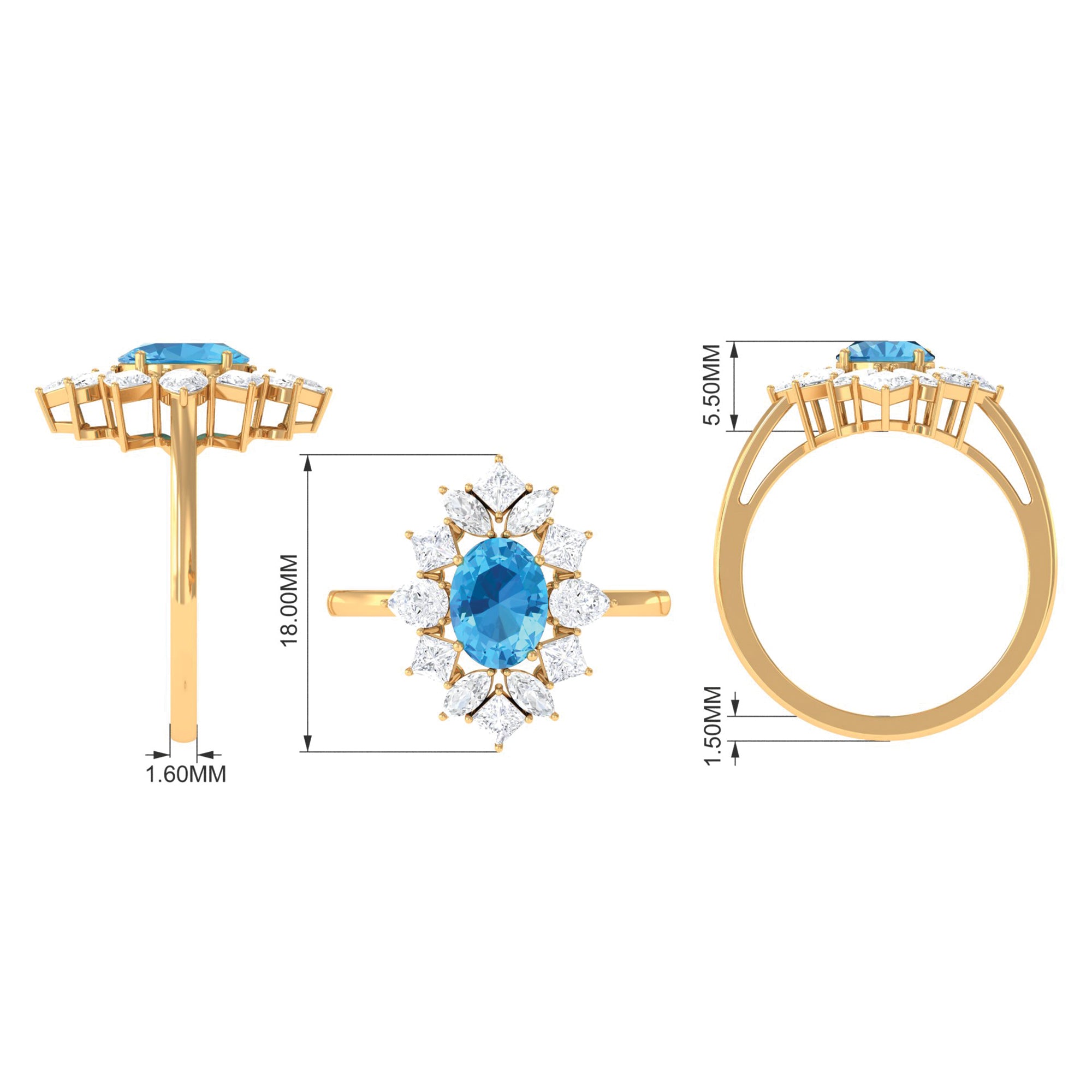 Oval Cut Swiss Blue Topaz Cocktail Ring with Moissanite Stones Swiss Blue Topaz - ( AAA ) - Quality - Rosec Jewels