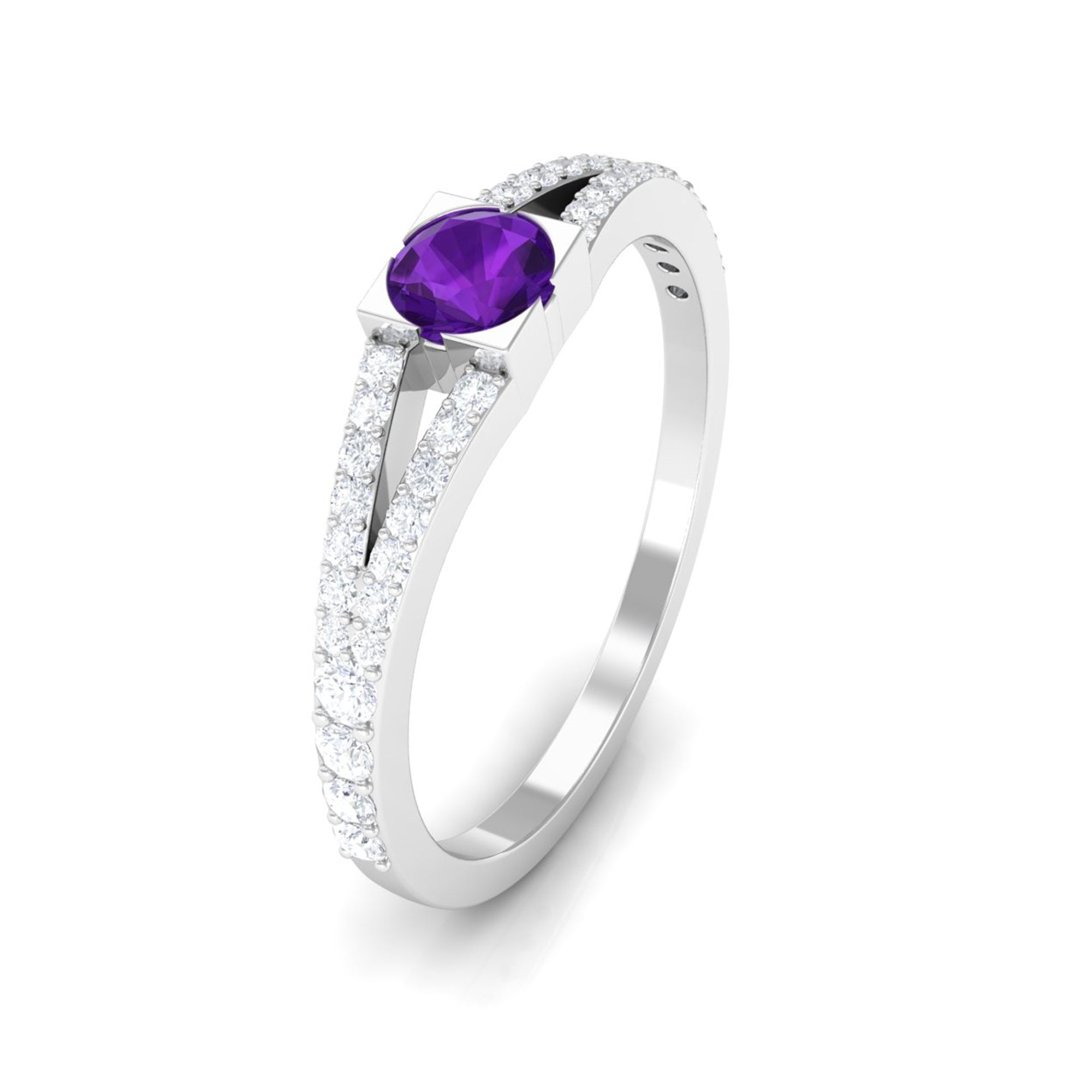 Minimal Amethyst and Diamond Split Shank Promise Ring Amethyst - ( AAA ) - Quality - Rosec Jewels