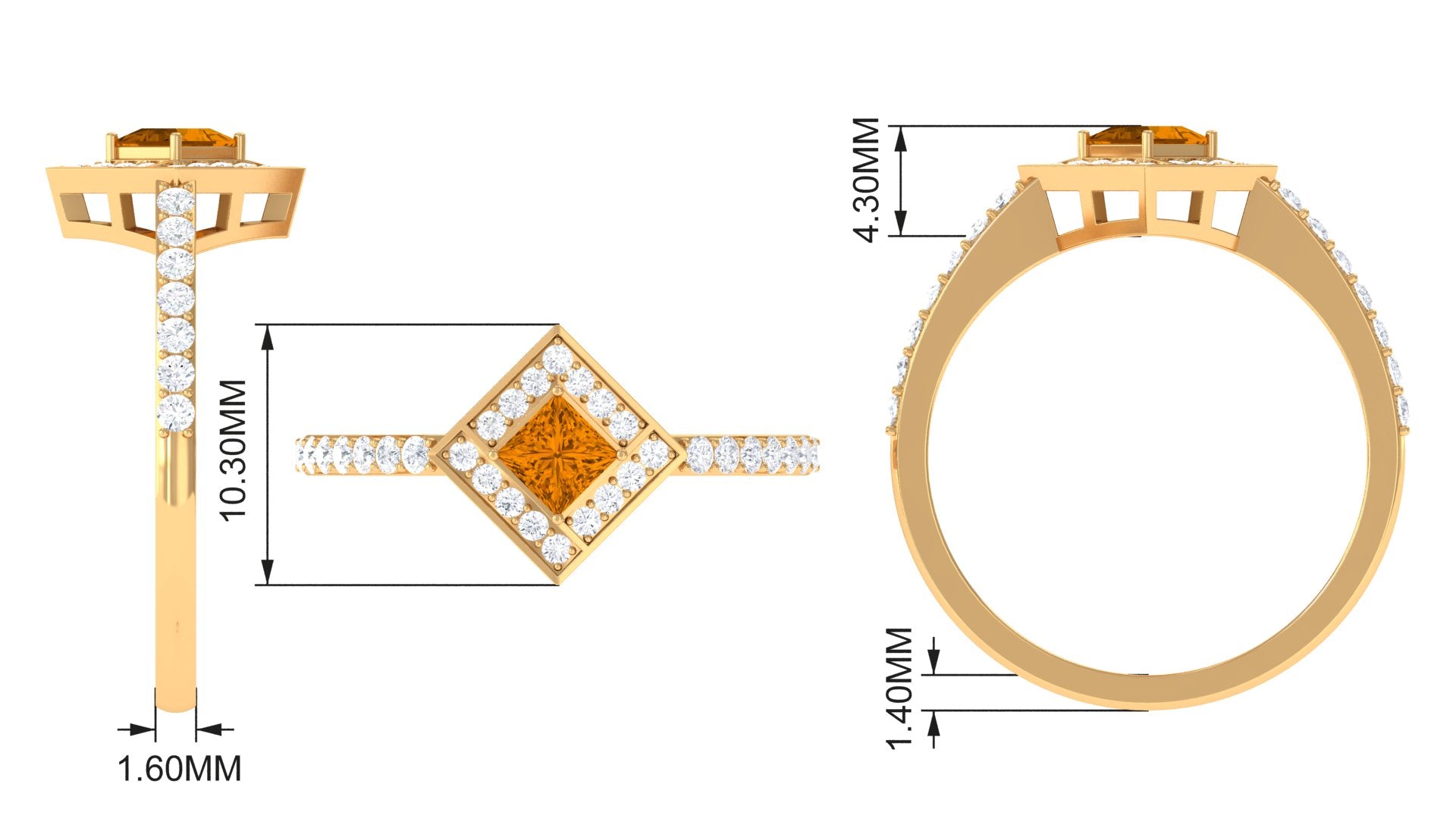 1 CT Princess Cut Citrine Geometric Ring with Diamond Accent Citrine - ( AAA ) - Quality - Rosec Jewels