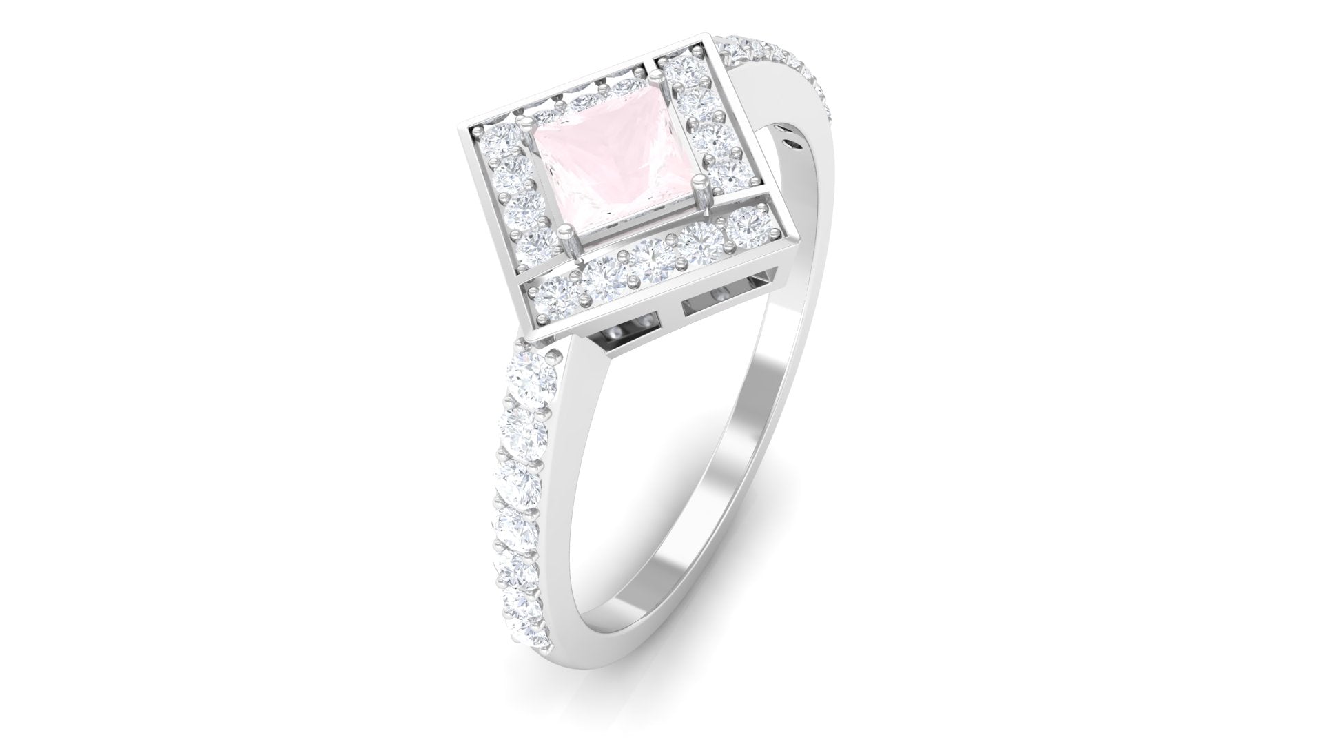 Princess Cut Rose Quartz Geometric Ring with Diamond Accent Rose Quartz - ( AAA ) - Quality - Rosec Jewels