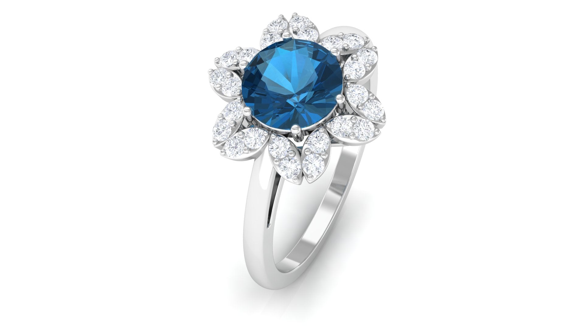 2 CT London Blue Topaz and Diamond Cocktail Flower Ring London Blue Topaz - ( AAA ) - Quality - Rosec Jewels