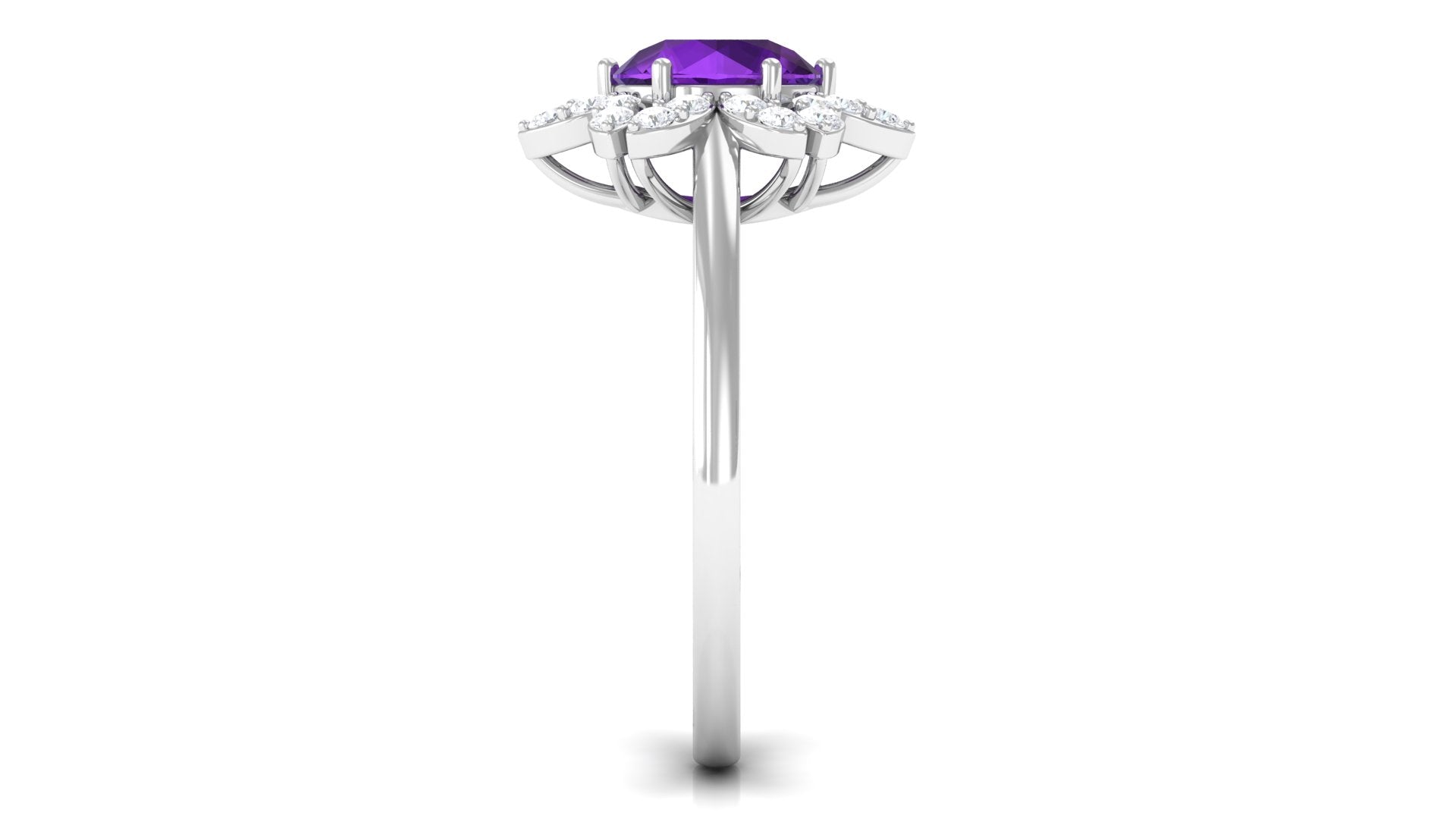 Round Amethyst Flower Engagement Ring with Diamond Amethyst - ( AAA ) - Quality - Rosec Jewels