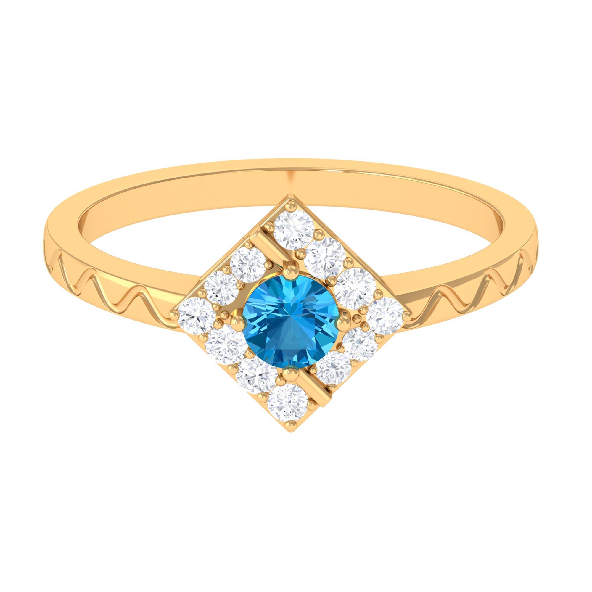 0.50 CT Swiss Blue Topaz Minimal Textured Ring with Diamond Swiss Blue Topaz - ( AAA ) - Quality - Rosec Jewels