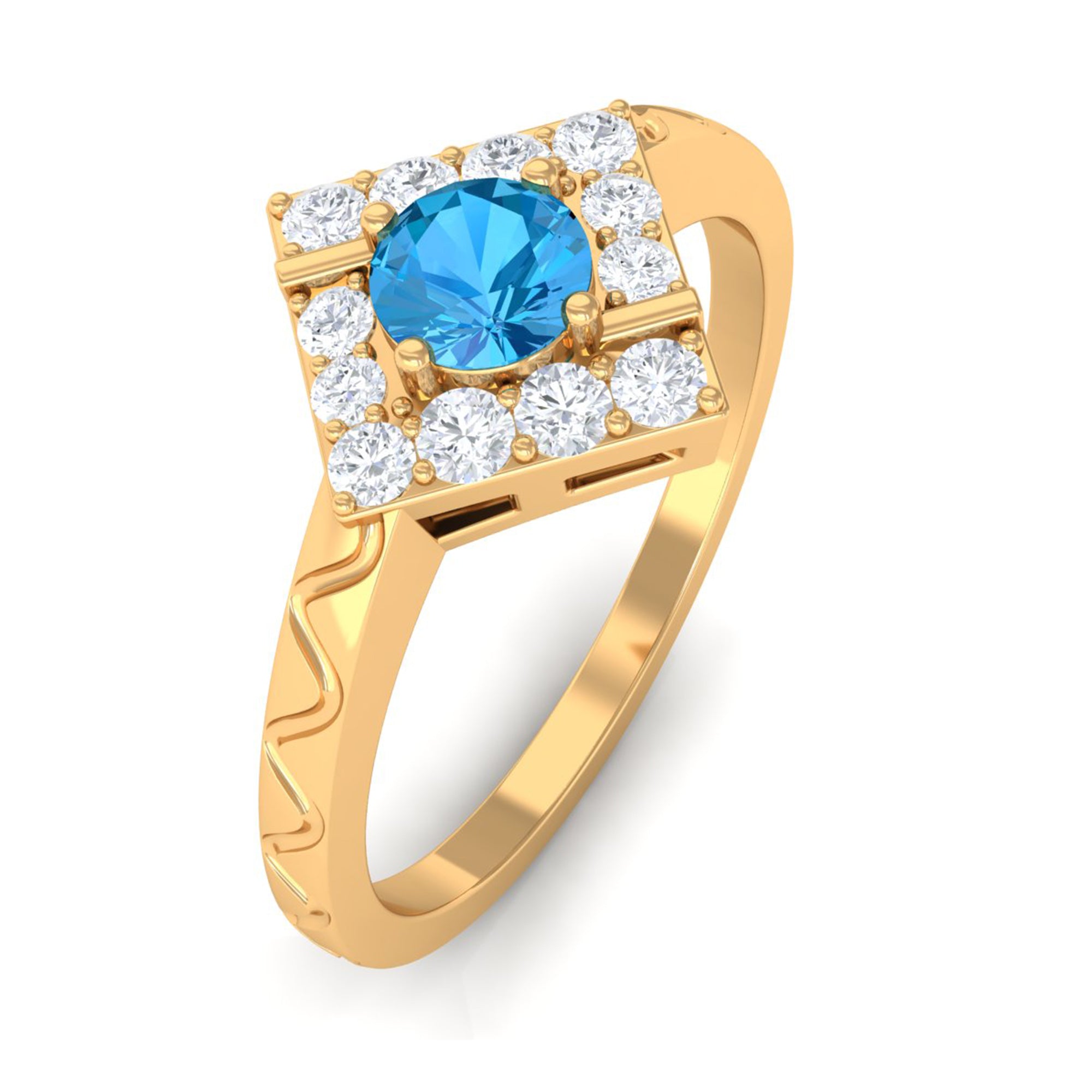 0.50 CT Swiss Blue Topaz Minimal Textured Ring with Diamond Swiss Blue Topaz - ( AAA ) - Quality - Rosec Jewels