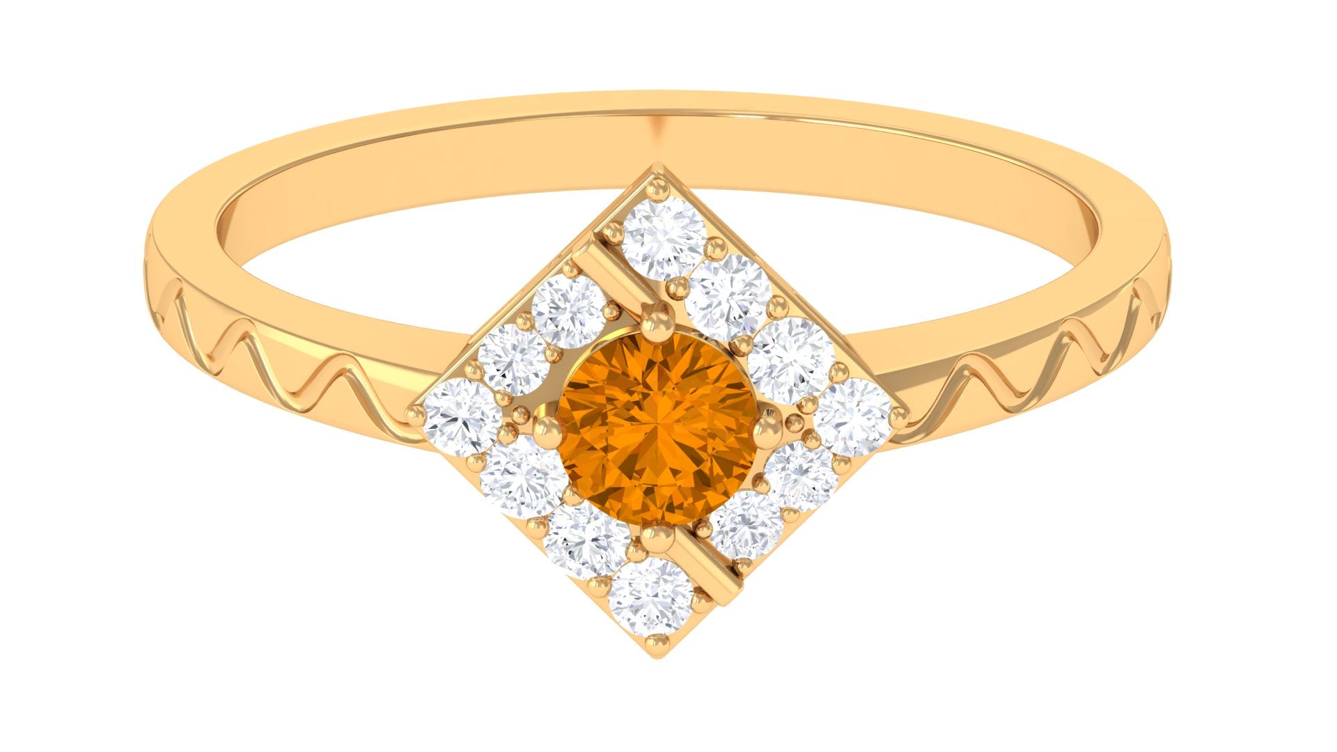 0.50 CT Round Shape Citrine Minimal Textured Ring with Diamond Citrine - ( AAA ) - Quality - Rosec Jewels