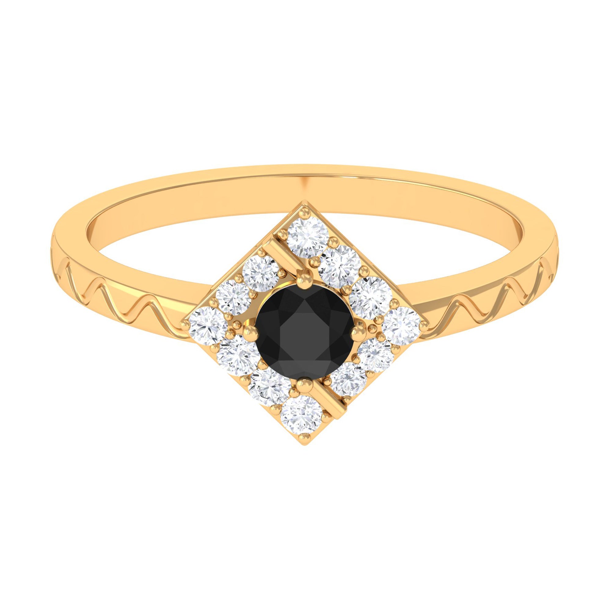 3/4 CT Black Spinel and Diamond Textured Ring Black Spinel - ( AAA ) - Quality - Rosec Jewels