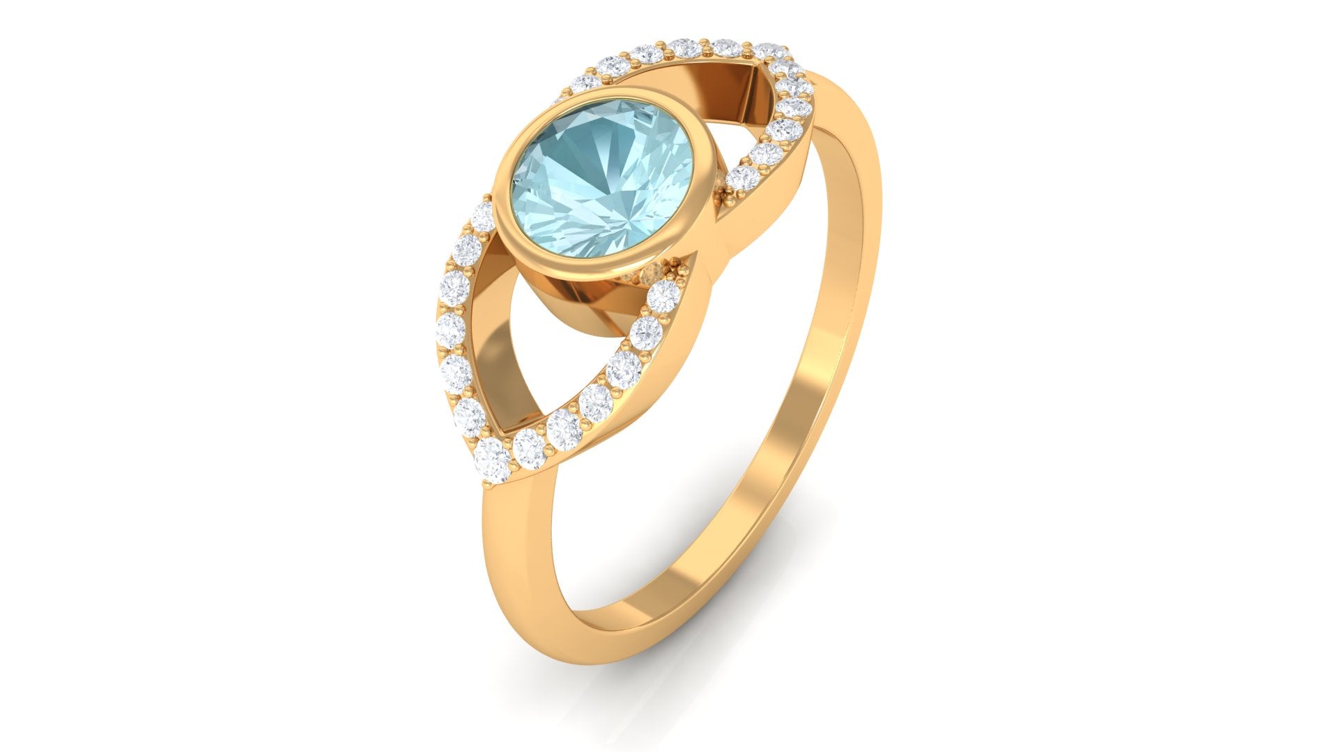 Bezel Set Solitaire Sky Blue Topaz and Diamond Ring in Split Shank Sky Blue Topaz - ( AAA ) - Quality - Rosec Jewels