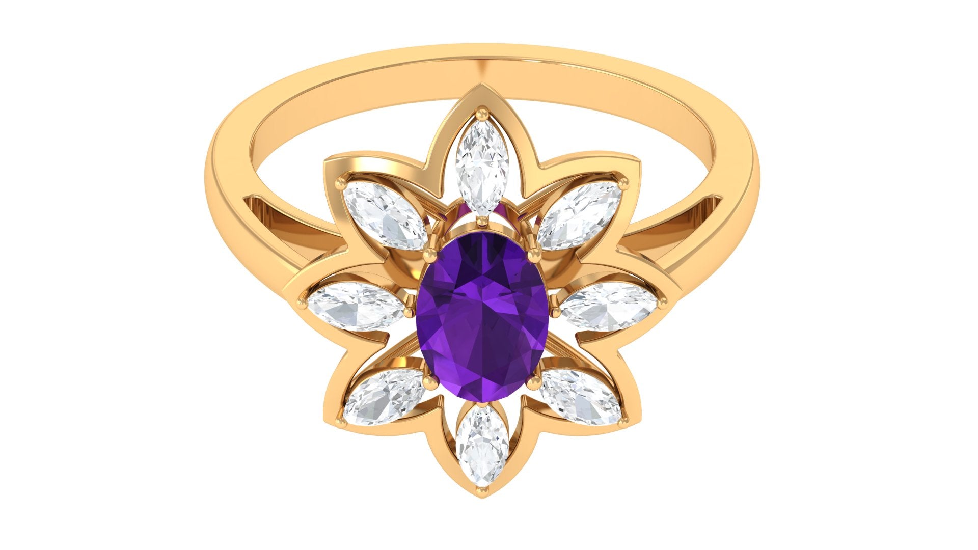 Oval Amethyst and Moissanite Cocktail Flower Ring Amethyst - ( AAA ) - Quality - Rosec Jewels