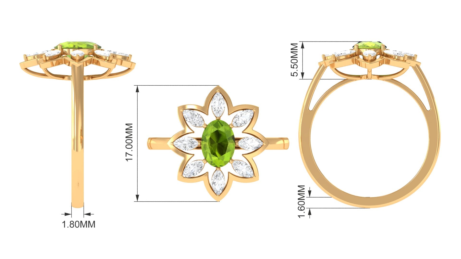 1.25 CT Oval Cut Peridot Cocktail Ring with Moissanite Peridot - ( AAA ) - Quality - Rosec Jewels