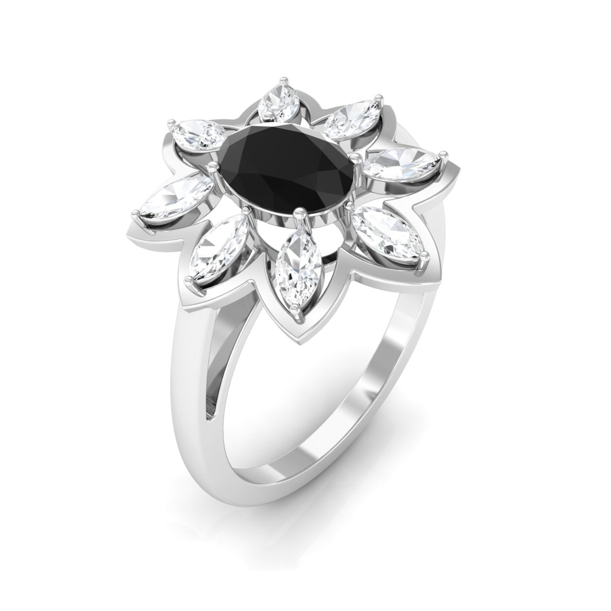 1.25 Ct Oval Black Onyx Flower Cocktail Ring with Moissanite Black Onyx - ( AAA ) - Quality - Rosec Jewels