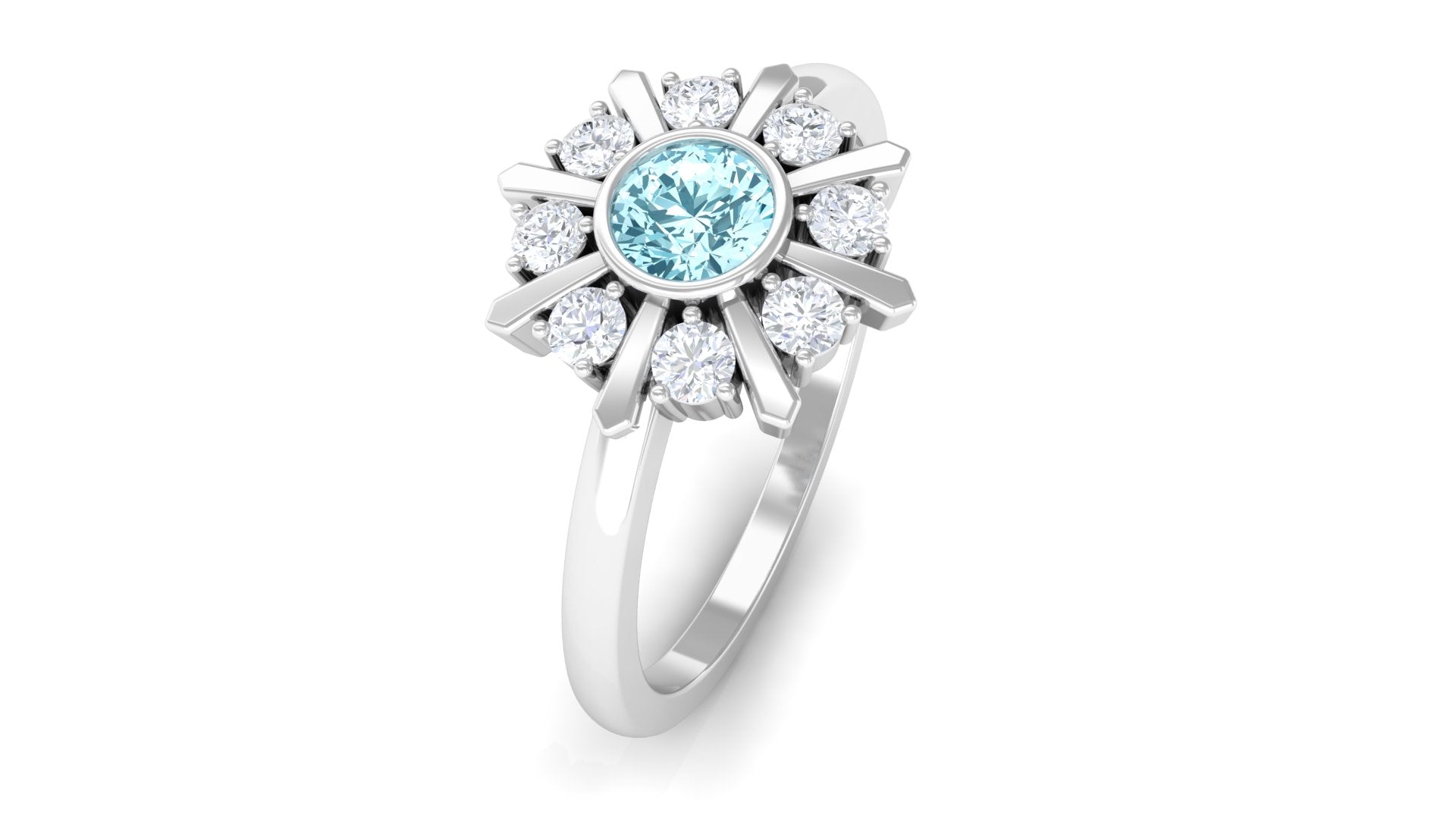 1/2 Carat Bezel Set Aquamarine Statement Ring with Diamond Aquamarine - ( AAA ) - Quality - Rosec Jewels