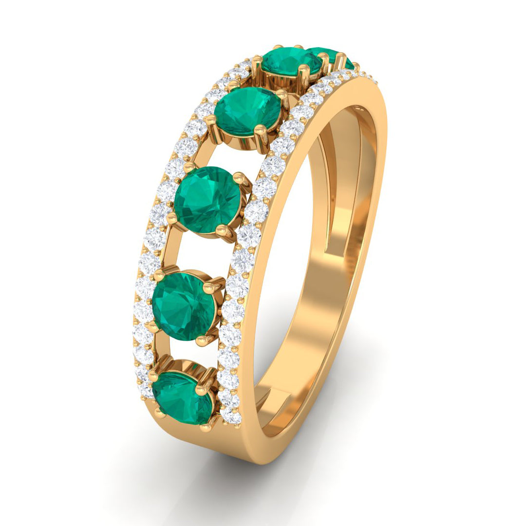 Wide Anniversary Ring with Emerald and Diamond Emerald - ( AAA ) - Quality - Rosec Jewels