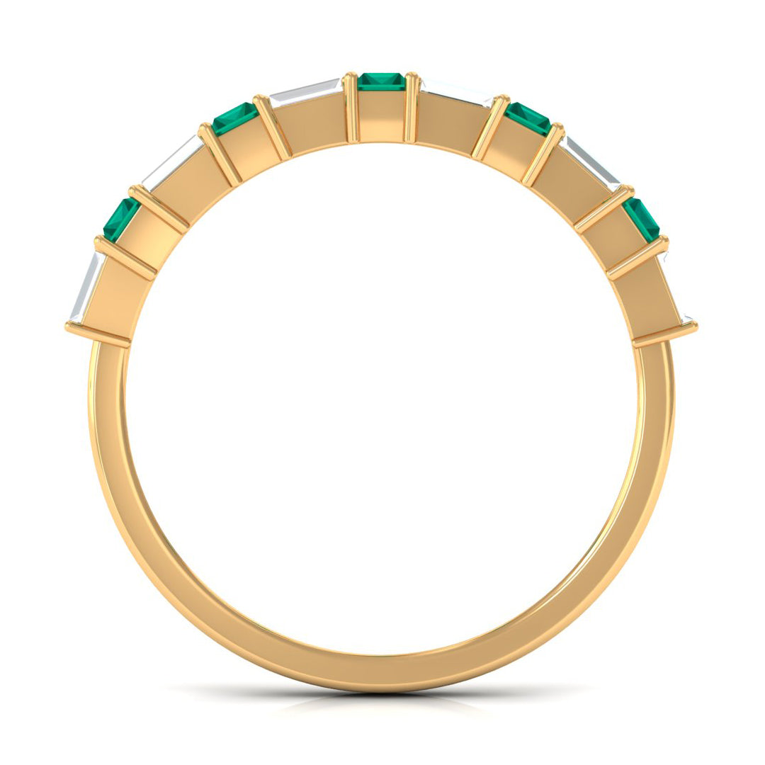 Contemporary Half Eternity Ring with Emerald and Moissanite Emerald - ( AAA ) - Quality - Rosec Jewels