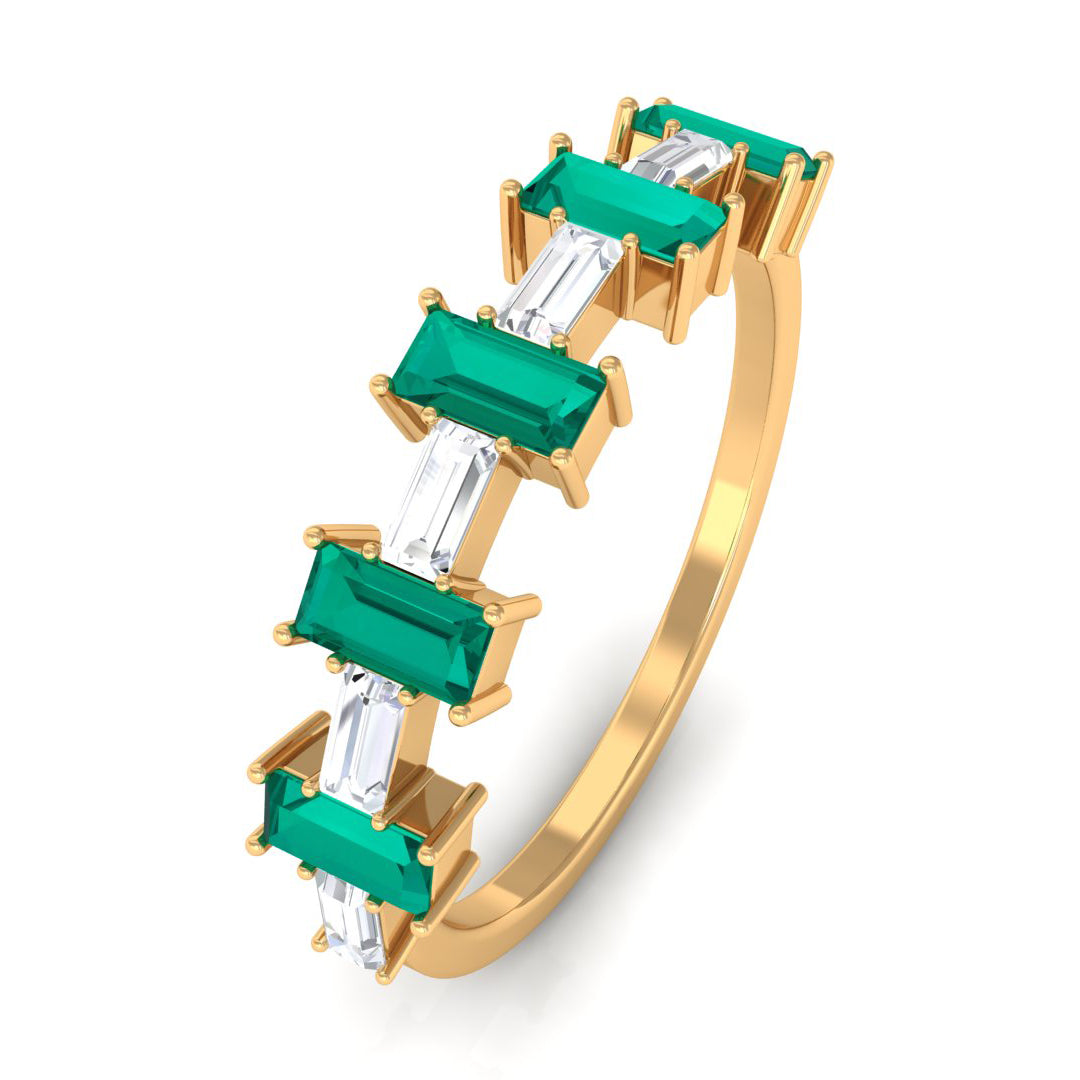 Contemporary Half Eternity Ring with Emerald and Moissanite Emerald - ( AAA ) - Quality - Rosec Jewels