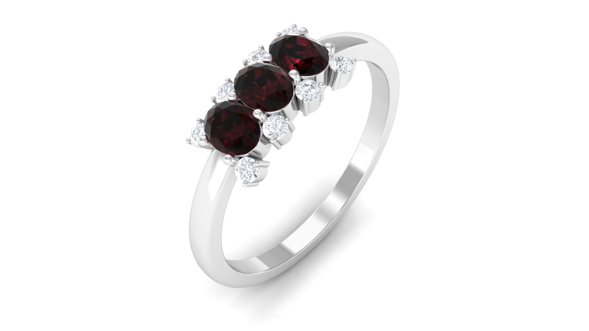 Oval Garnet Three Stone Promise Ring with Diamond Garnet - ( AAA ) - Quality - Rosec Jewels