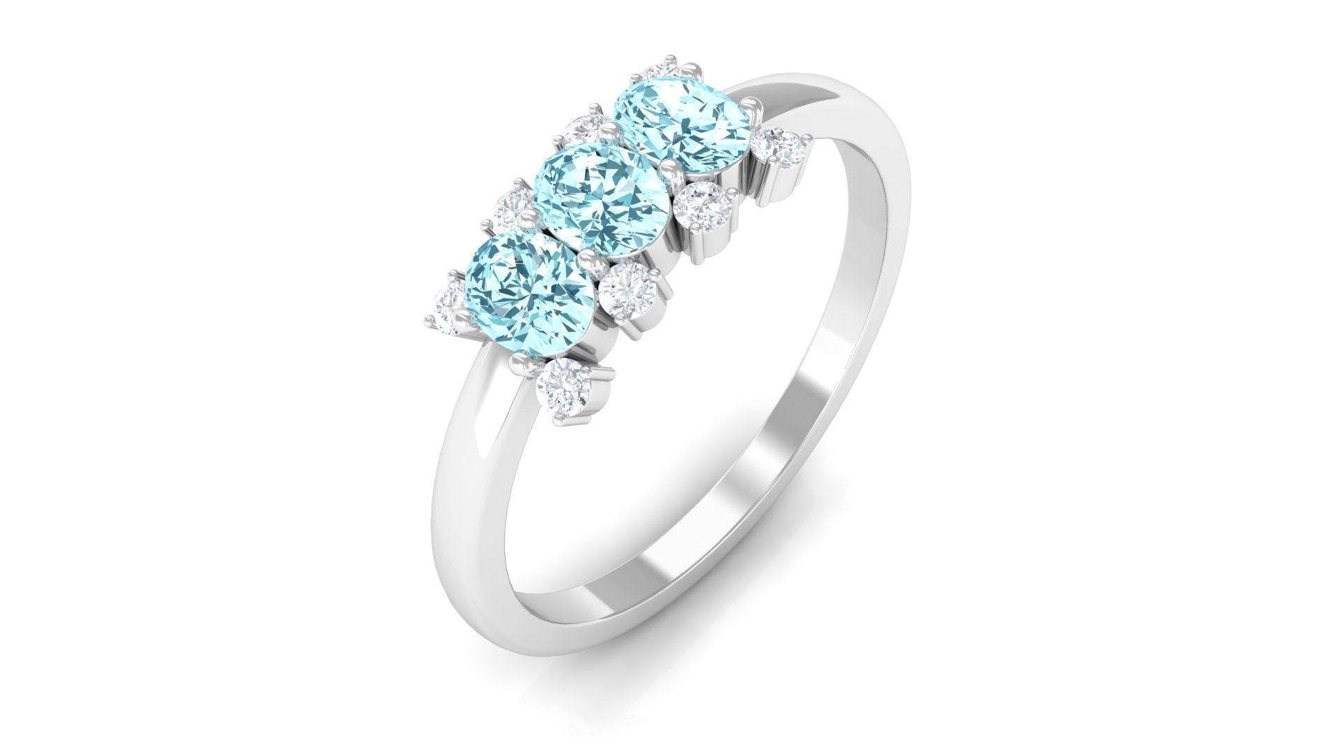 3/4 Ct Oval Aquamarine Three Stone Promise Ring with Diamond Aquamarine - ( AAA ) - Quality - Rosec Jewels