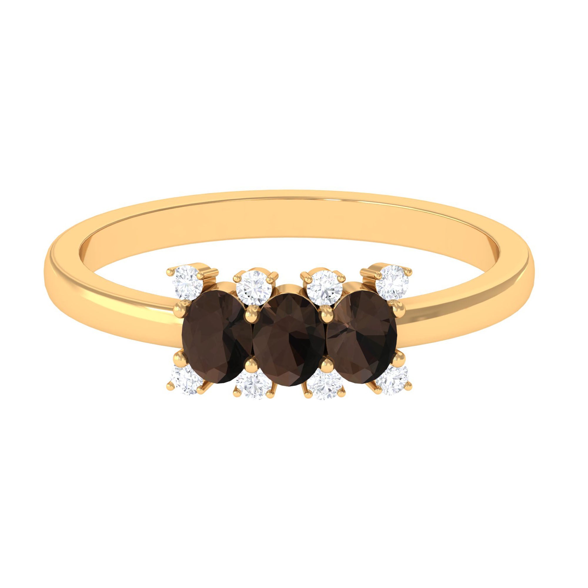 Natural Smoky Quartz Three Stone Ring with Diamond Smoky Quartz - ( AAA ) - Quality - Rosec Jewels