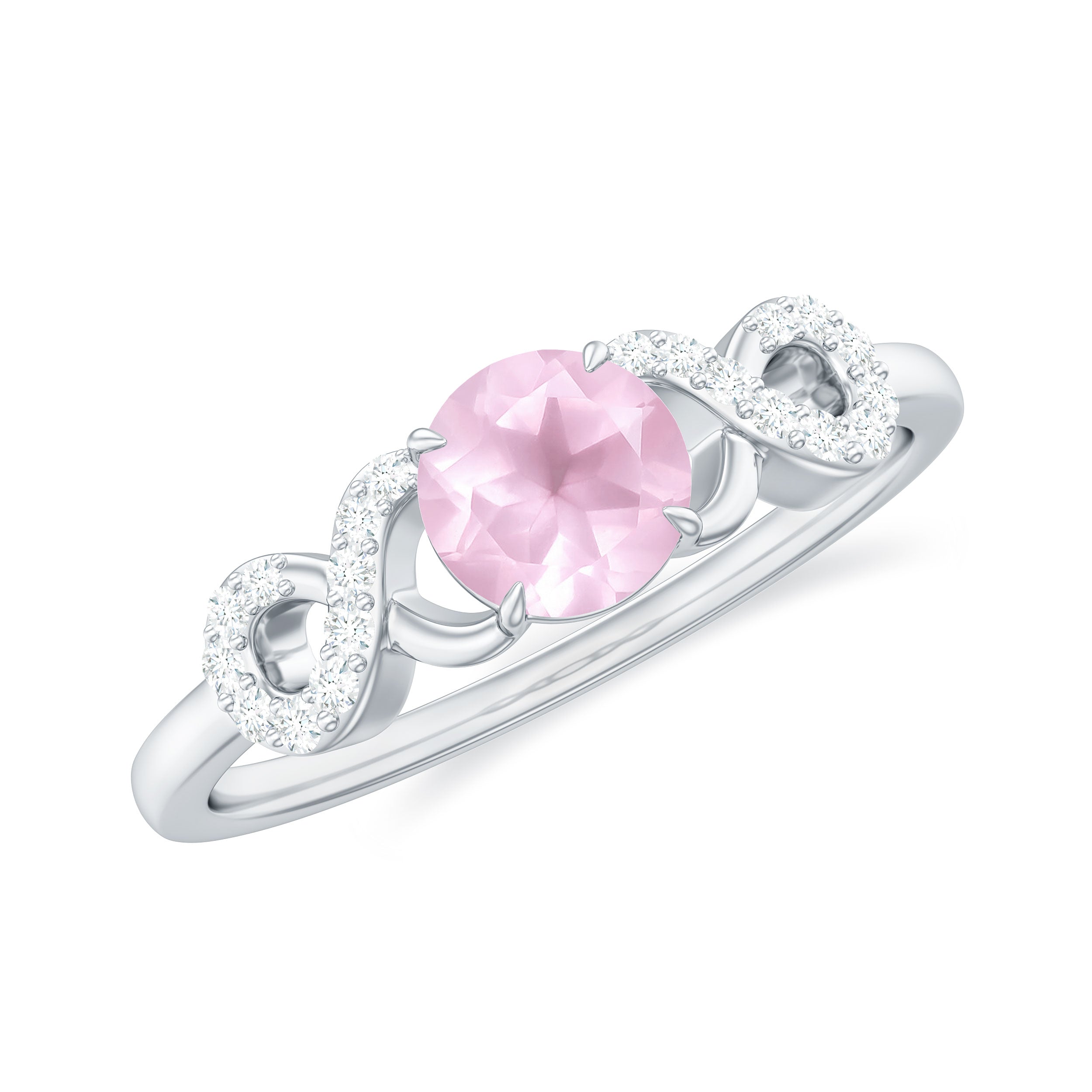 Rose Quartz Solitaire Engagement Ring with Diamond Accent Rose Quartz - ( AAA ) - Quality - Rosec Jewels