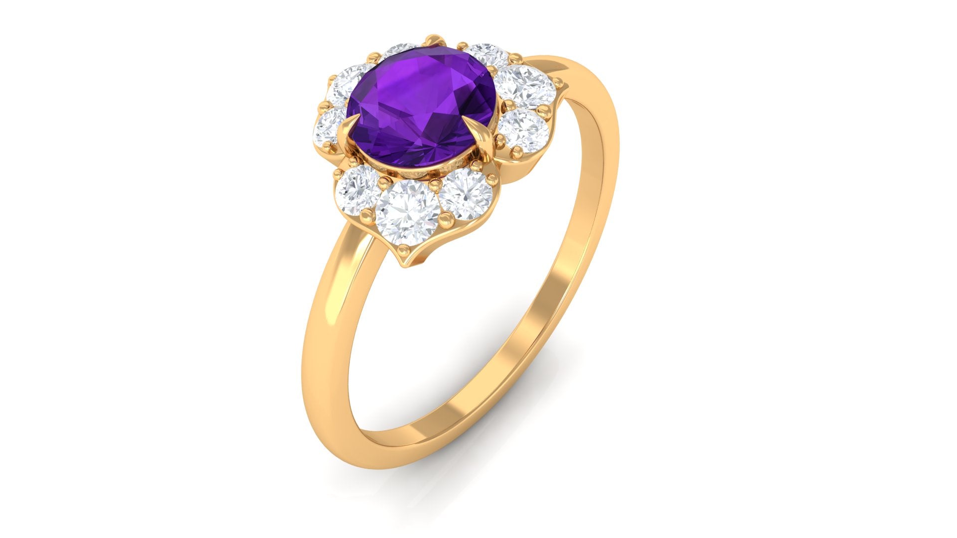 Genuine Amethyst Flower Engagement Ring with Diamond Amethyst - ( AAA ) - Quality - Rosec Jewels