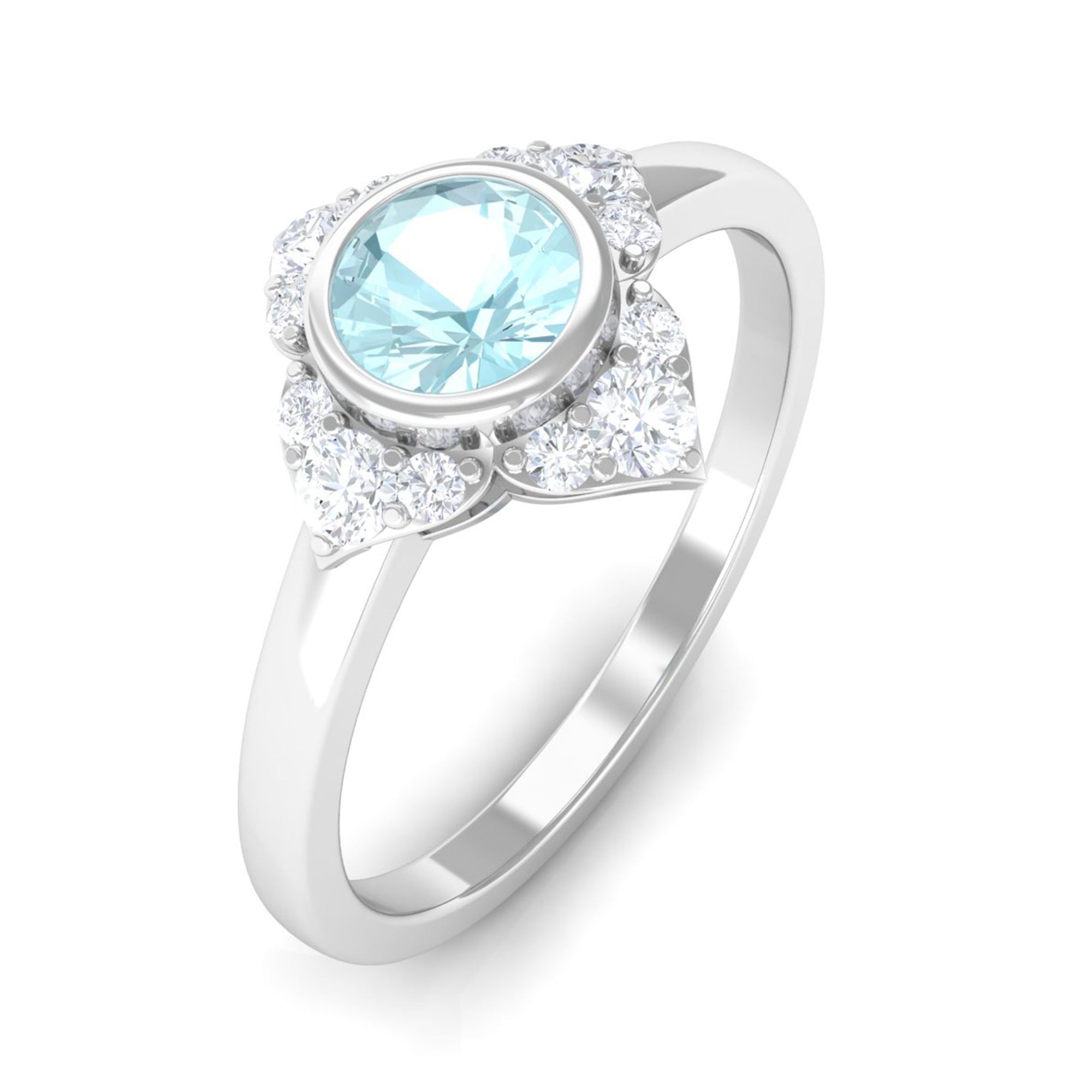 Bezel Set Sky Blue Topaz Flower Engagement Ring with Diamond Accent Sky Blue Topaz - ( AAA ) - Quality - Rosec Jewels