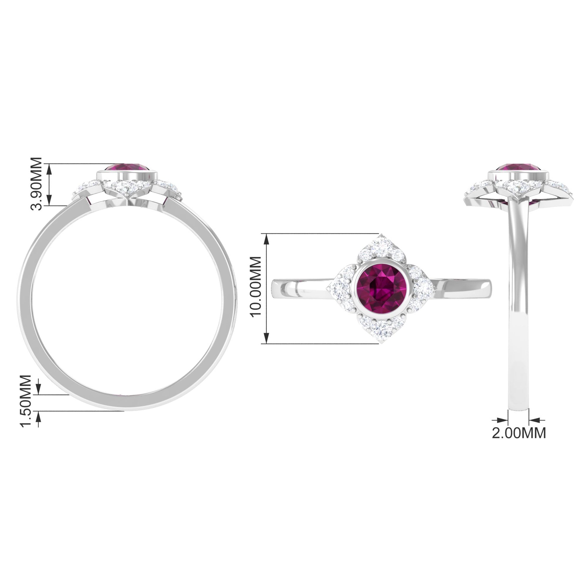 0.75 CT Real Rhodolite Flower Engagement Ring with Diamond Rhodolite - ( AAA ) - Quality - Rosec Jewels