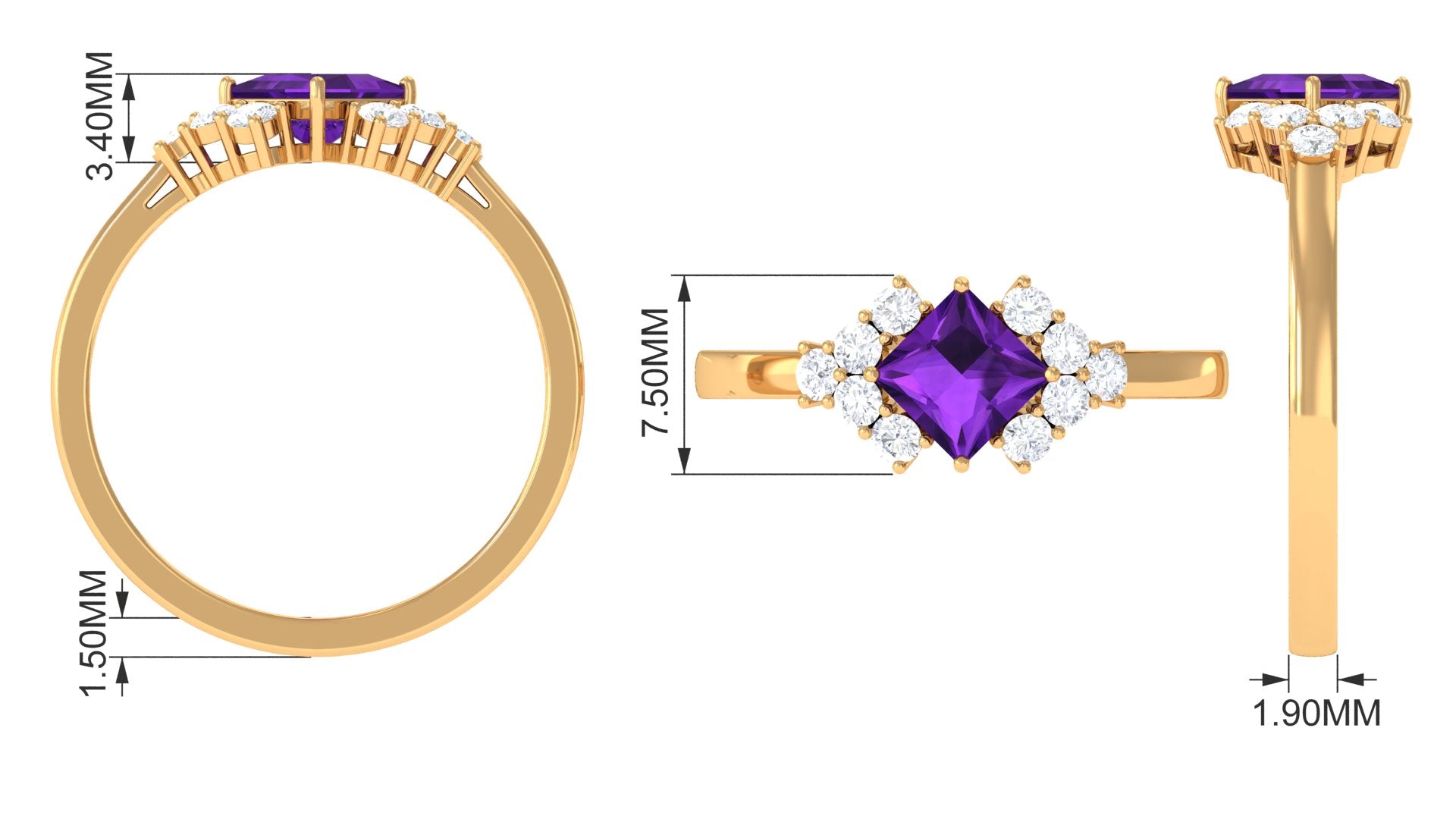 Princess Cut Amethyst Designer Engagement Ring with Diamond Amethyst - ( AAA ) - Quality - Rosec Jewels