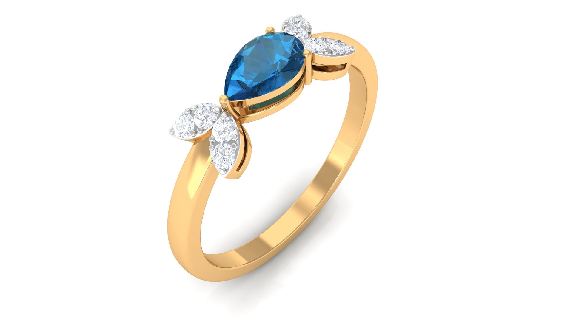 Minimal London Blue Topaz Leaf Promise Ring with Diamond London Blue Topaz - ( AAA ) - Quality - Rosec Jewels