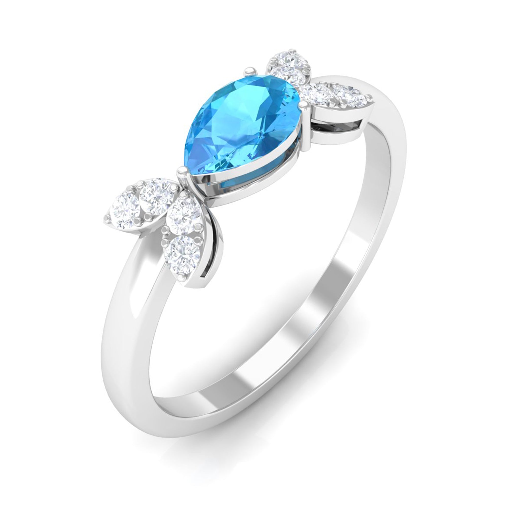 Minimal Swiss Blue Topaz Leaf Promise Ring with Diamond Swiss Blue Topaz - ( AAA ) - Quality - Rosec Jewels