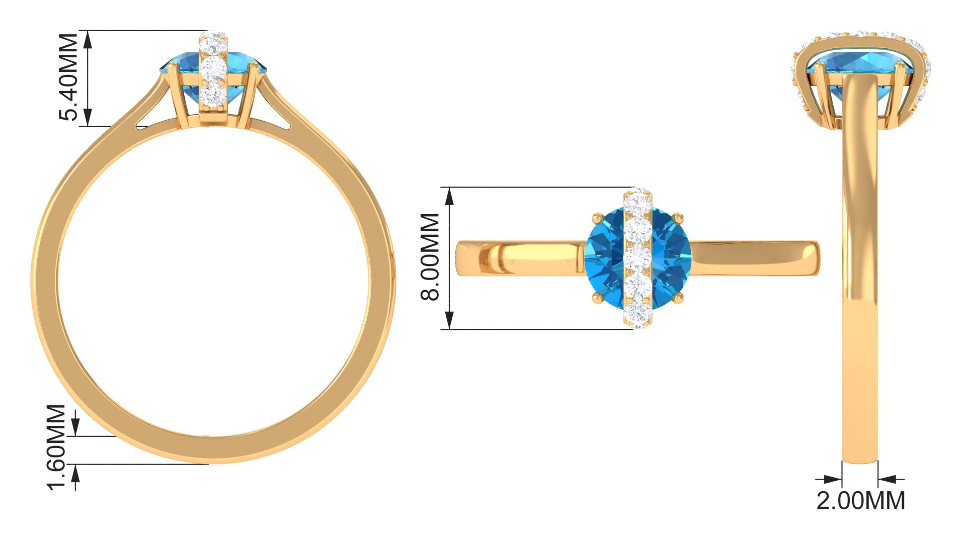 Real Swiss Blue Topaz Solitaire Ring with Diamond Stones Swiss Blue Topaz - ( AAA ) - Quality - Rosec Jewels