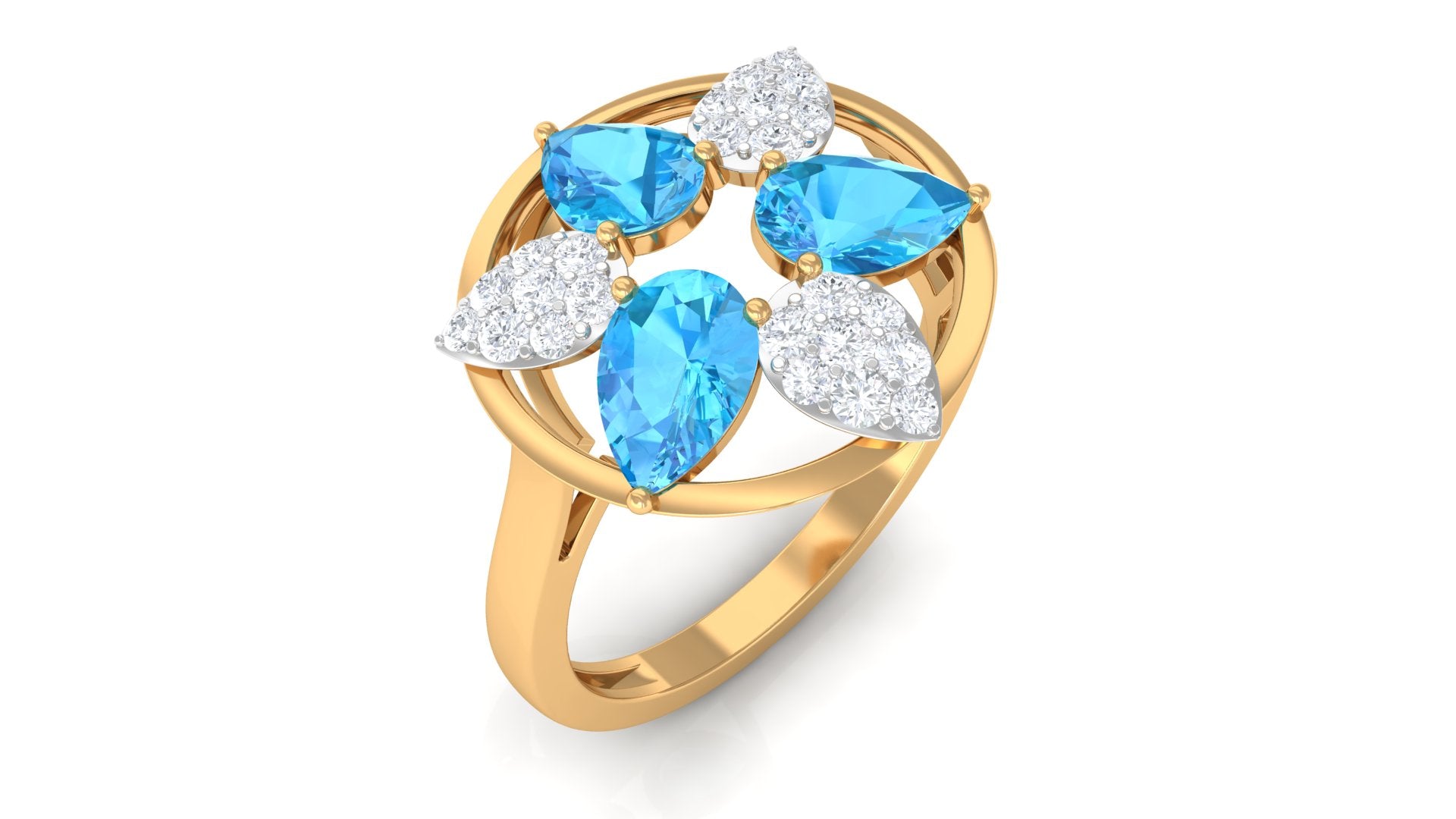 Swiss Blue Topaz Floral Cocktail Ring with Diamond Swiss Blue Topaz - ( AAA ) - Quality - Rosec Jewels