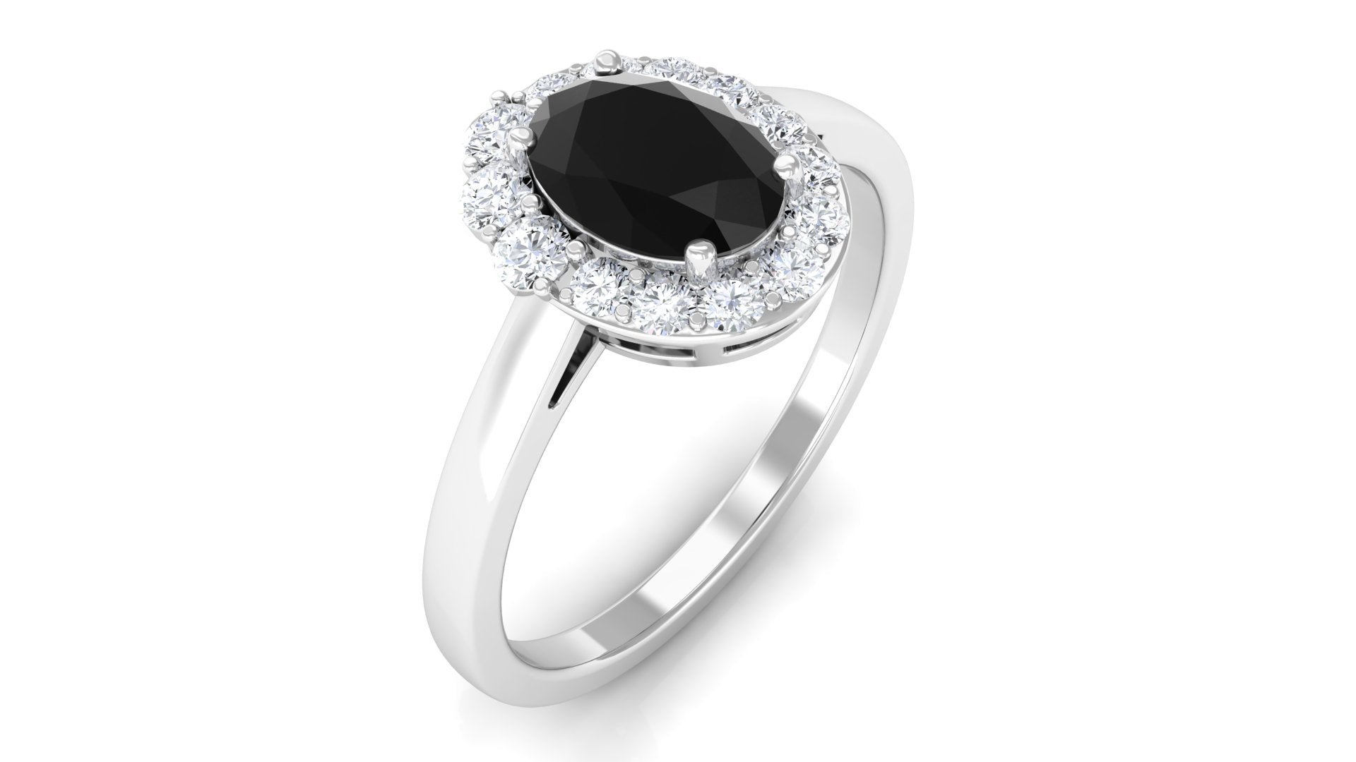 Oval Shape Black Spinel Classic Halo Engagement Ring Black Spinel - ( AAA ) - Quality - Rosec Jewels