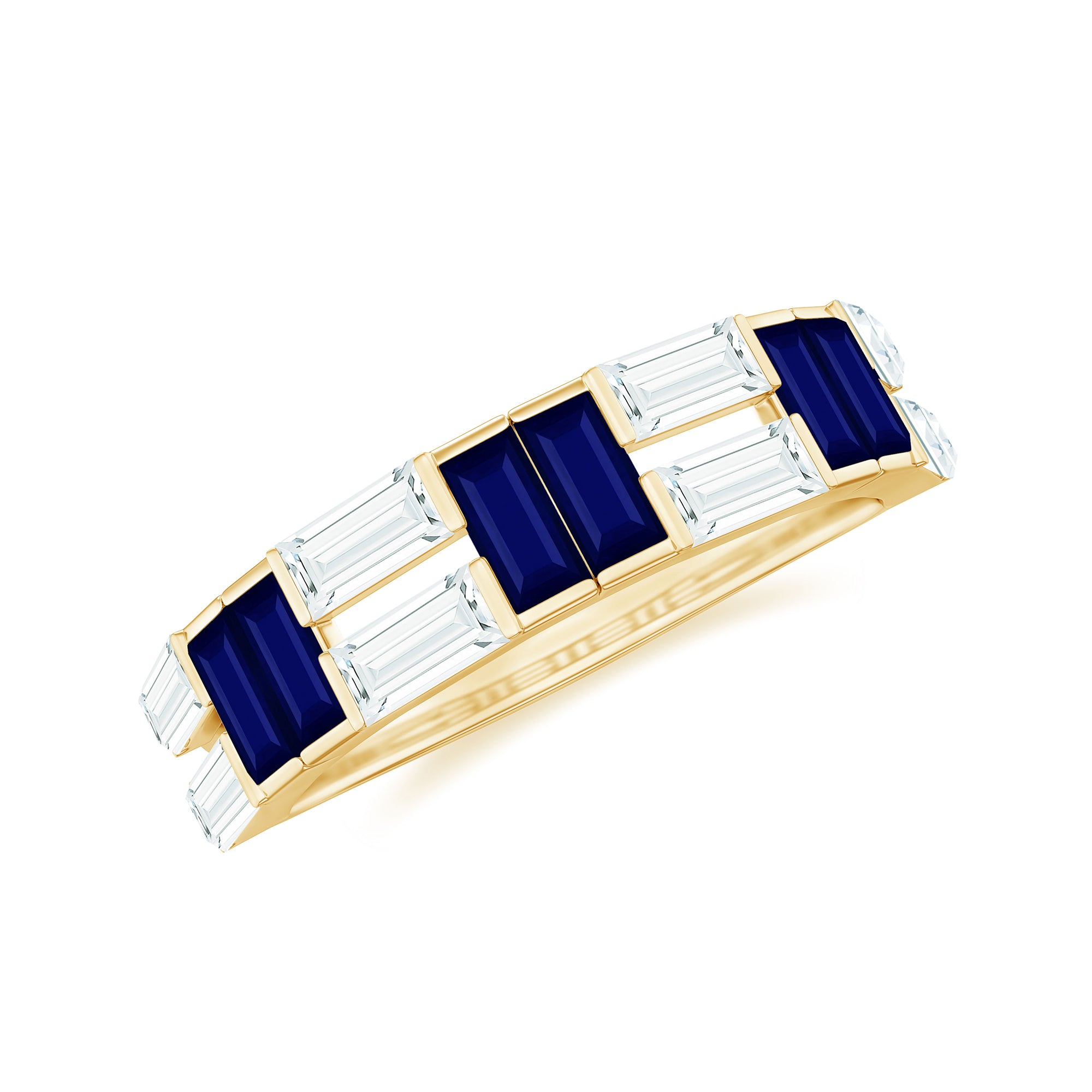 Baguette Cut Blue Sapphire and Moissanite Half Eternity Ring Blue Sapphire - ( AAA ) - Quality - Rosec Jewels