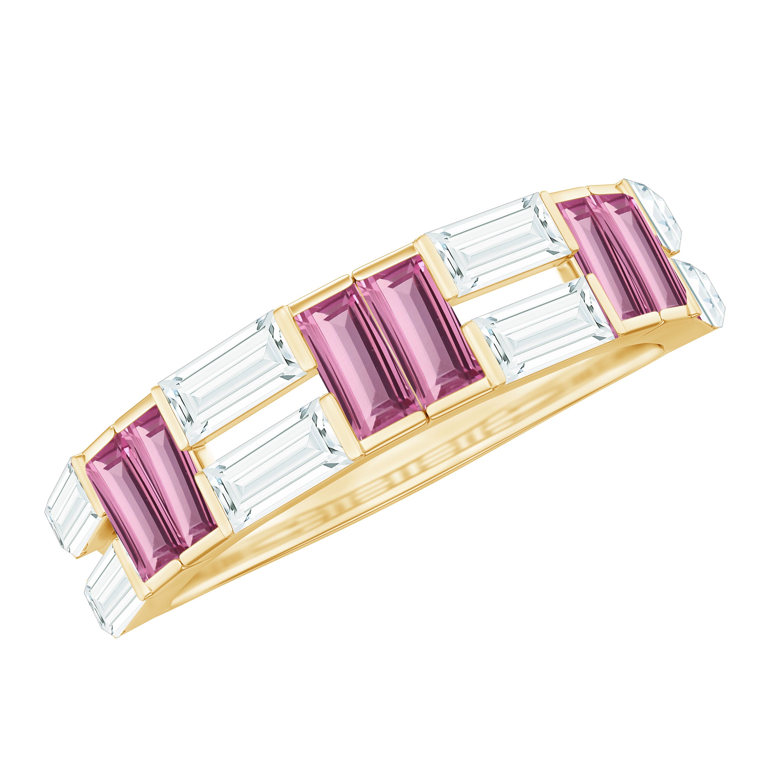 Baguette Shape Pink Tourmaline and Moissanite Half Eternity Ring Pink Tourmaline - ( AAA ) - Quality - Rosec Jewels