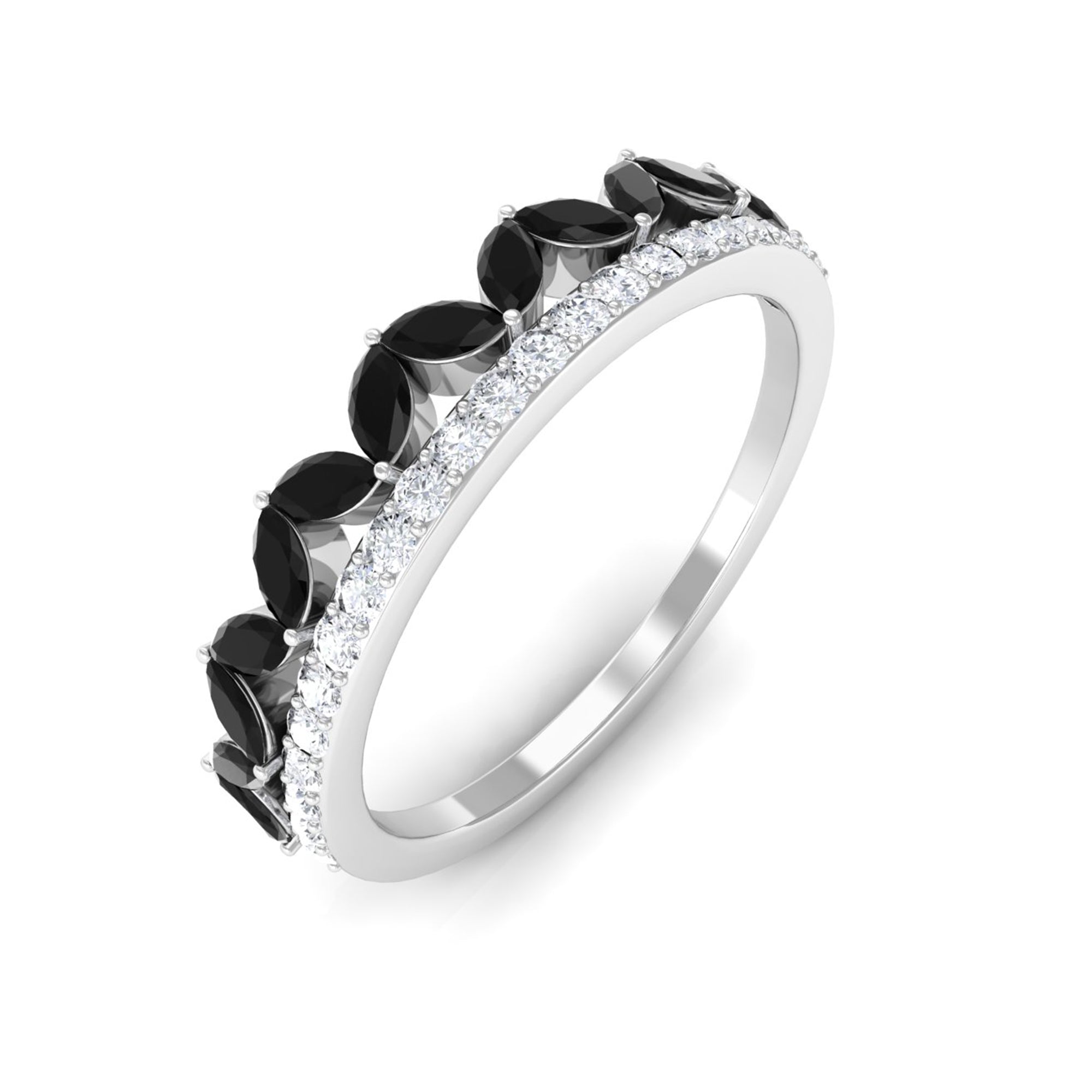 Crown Style Half Eternity Ring with Black Onyx and Diamond Black Onyx - ( AAA ) - Quality - Rosec Jewels