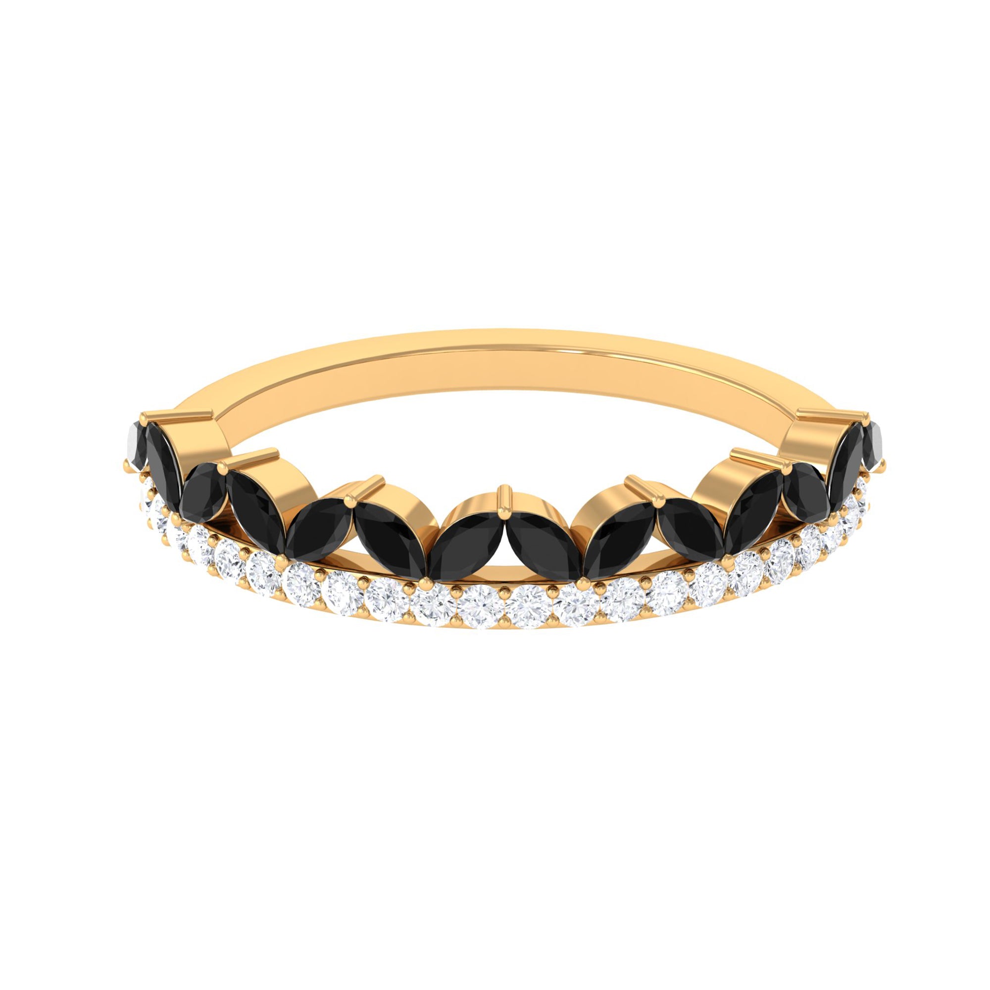 Crown Style Half Eternity Ring with Black Onyx and Diamond Black Onyx - ( AAA ) - Quality - Rosec Jewels