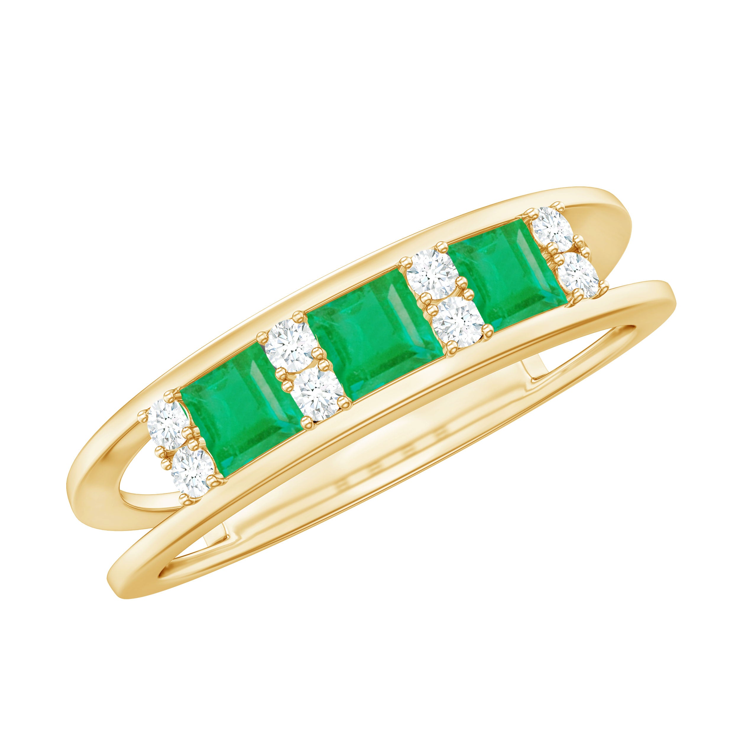 Princess Cut Emerald and Diamond Band Ring Emerald - ( AAA ) - Quality - Rosec Jewels