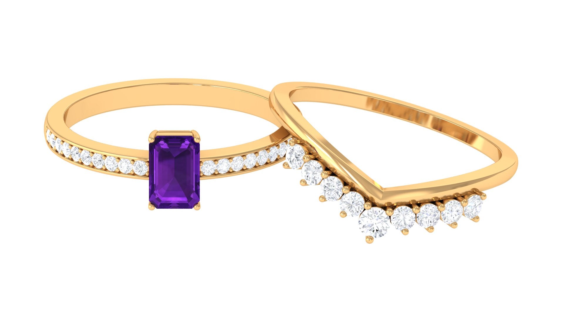 Octagon Cut Amethyst and Diamond Stackable Ring Set Amethyst - ( AAA ) - Quality - Rosec Jewels