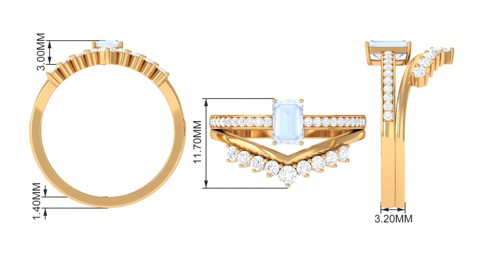 Emerald Cut Moonstone and Diamond Stackable Ring Set Moonstone - ( AAA ) - Quality - Rosec Jewels