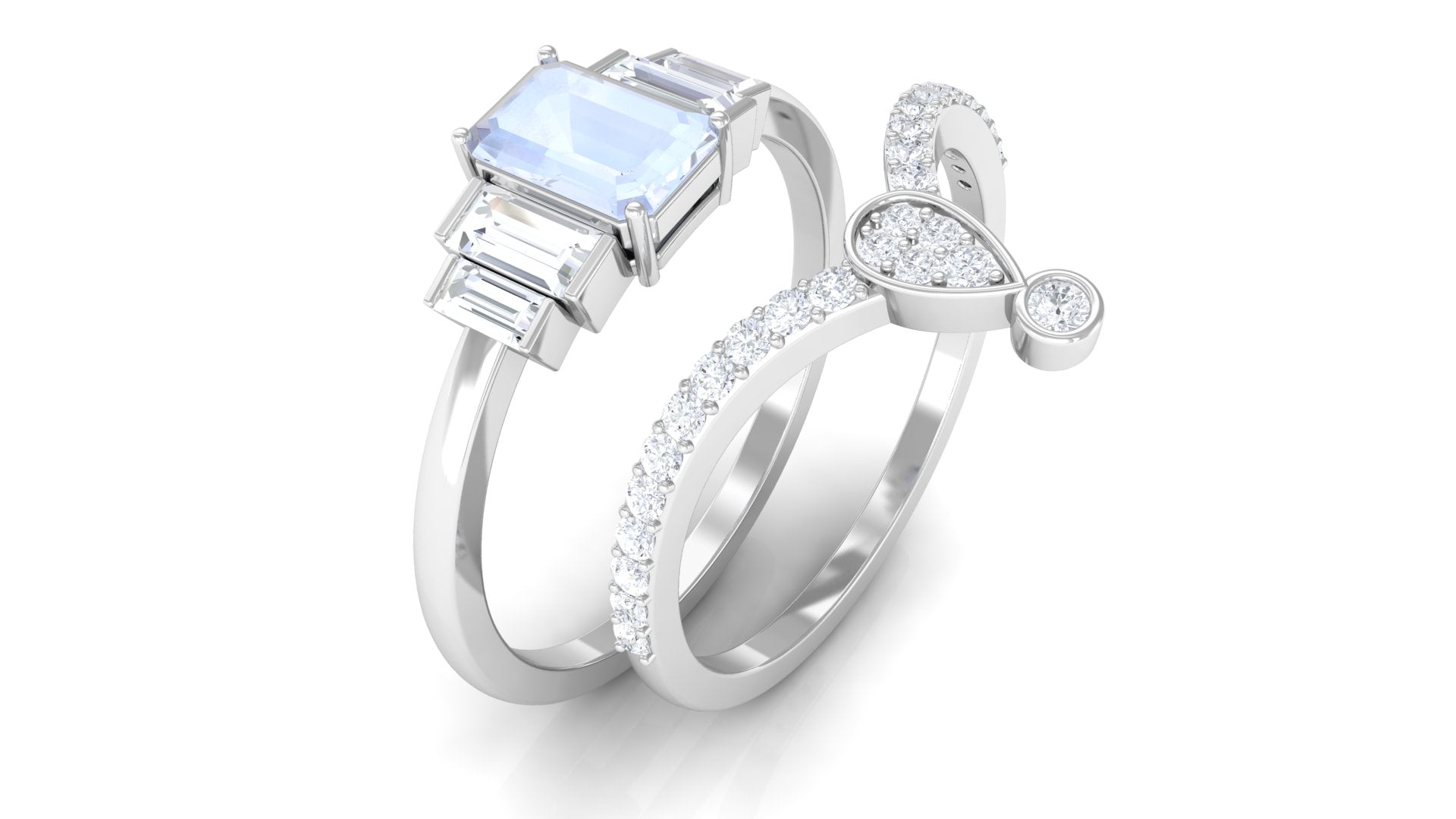 Real Moonstone and Moissanite Stackable Ring Set Moonstone - ( AAA ) - Quality - Rosec Jewels