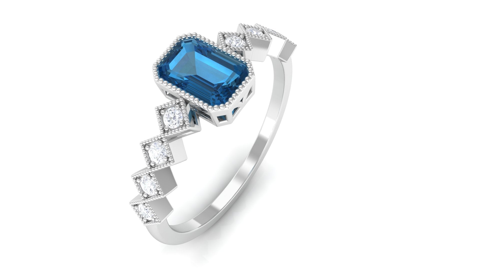 Certified London Blue Topaz Solitaire Ring with Diamond London Blue Topaz - ( AAA ) - Quality - Rosec Jewels