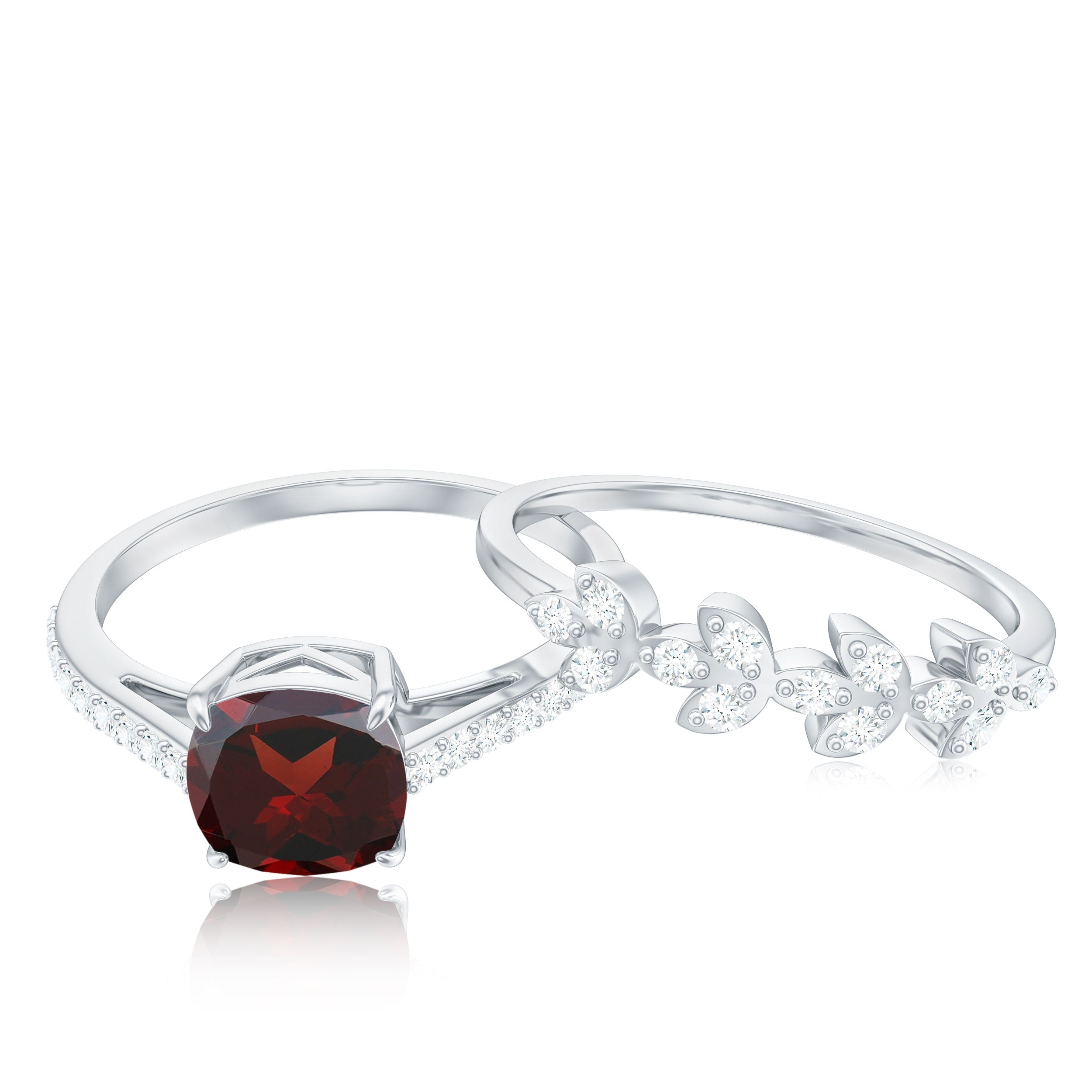 Natural Garnet Stackable Ring Set with Diamond Stones Garnet - ( AAA ) - Quality - Rosec Jewels