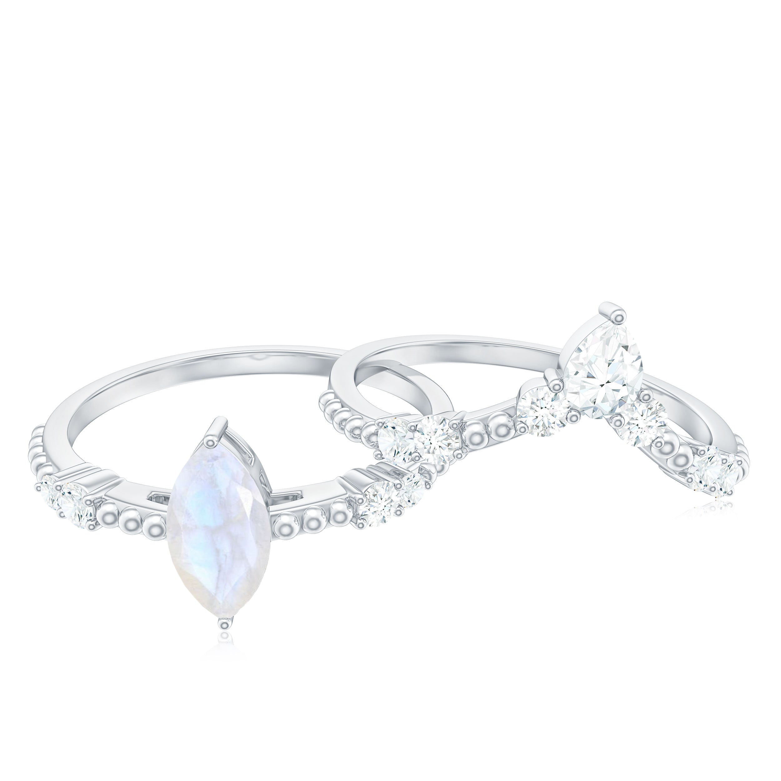 Natural Moonstone and Moissanite Beaded Ring Set Moonstone - ( AAA ) - Quality - Rosec Jewels