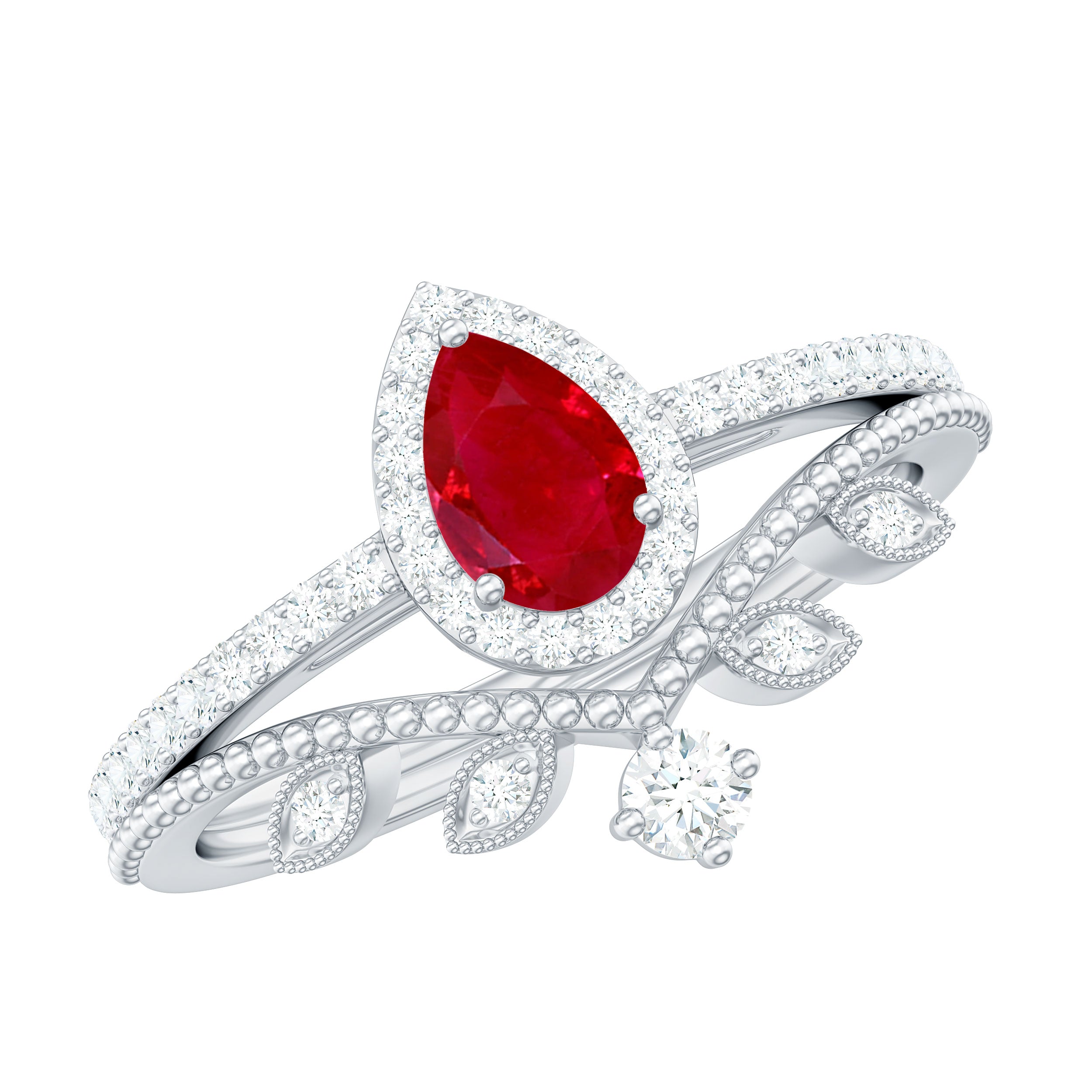 Ruby Vintage Teardrop Wedding Ring Set with Diamond Ruby - ( AAA ) - Quality - Rosec Jewels