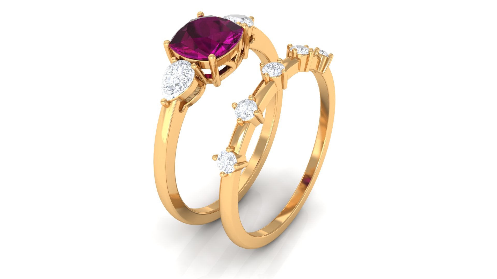 2 CT Cushion Cut Real Rhodolite Ring Set with Moissanite Rhodolite - ( AAA ) - Quality - Rosec Jewels