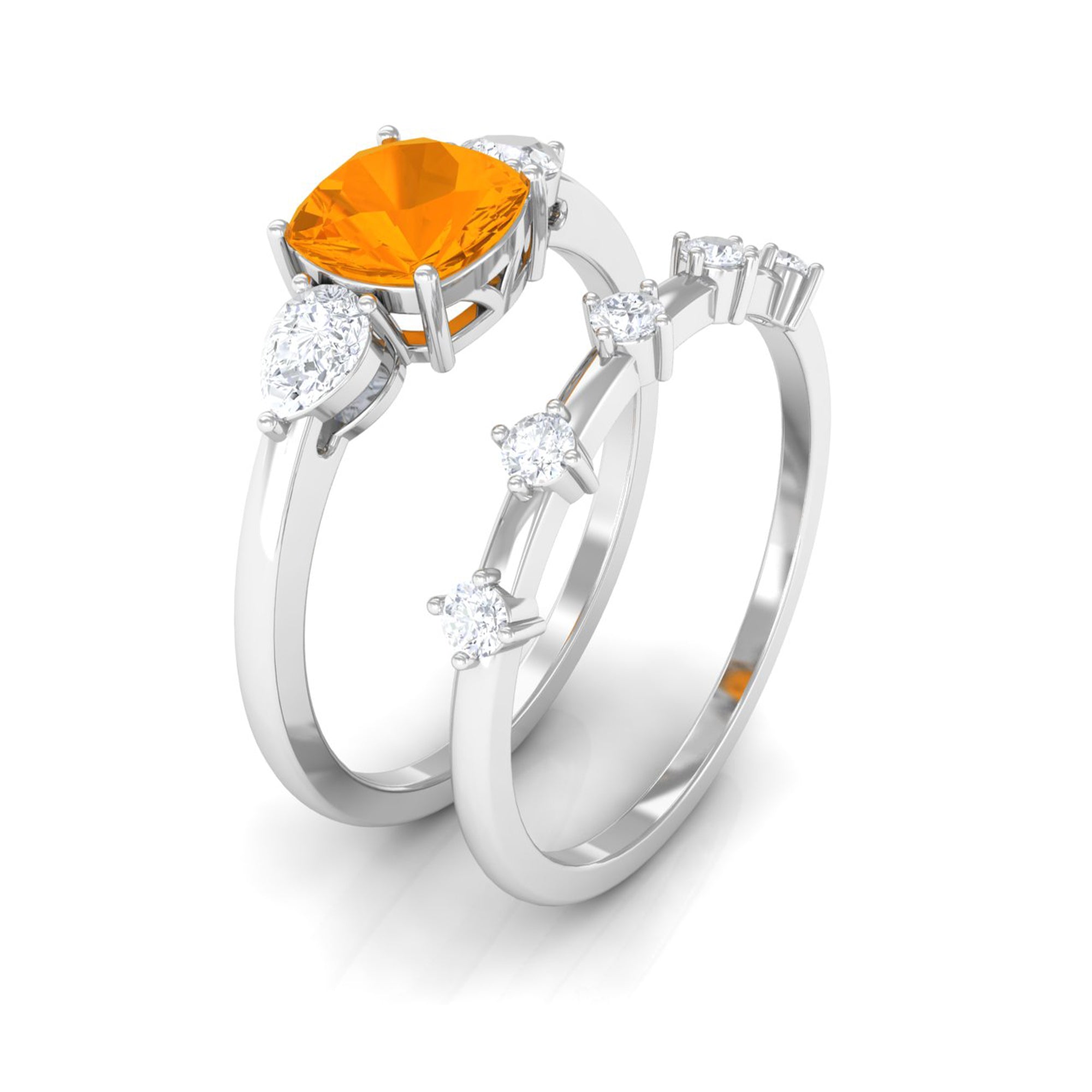 Cushion Cut Real Fire Opal Ring Set with Moissanite Fire Opal - ( AAA ) - Quality - Rosec Jewels