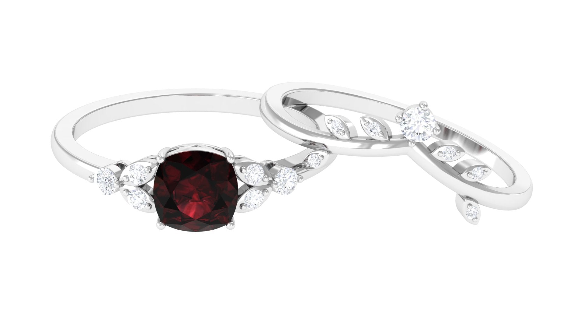 Garnet and Diamond Ring Set with Leaf Motif Garnet - ( AAA ) - Quality - Rosec Jewels