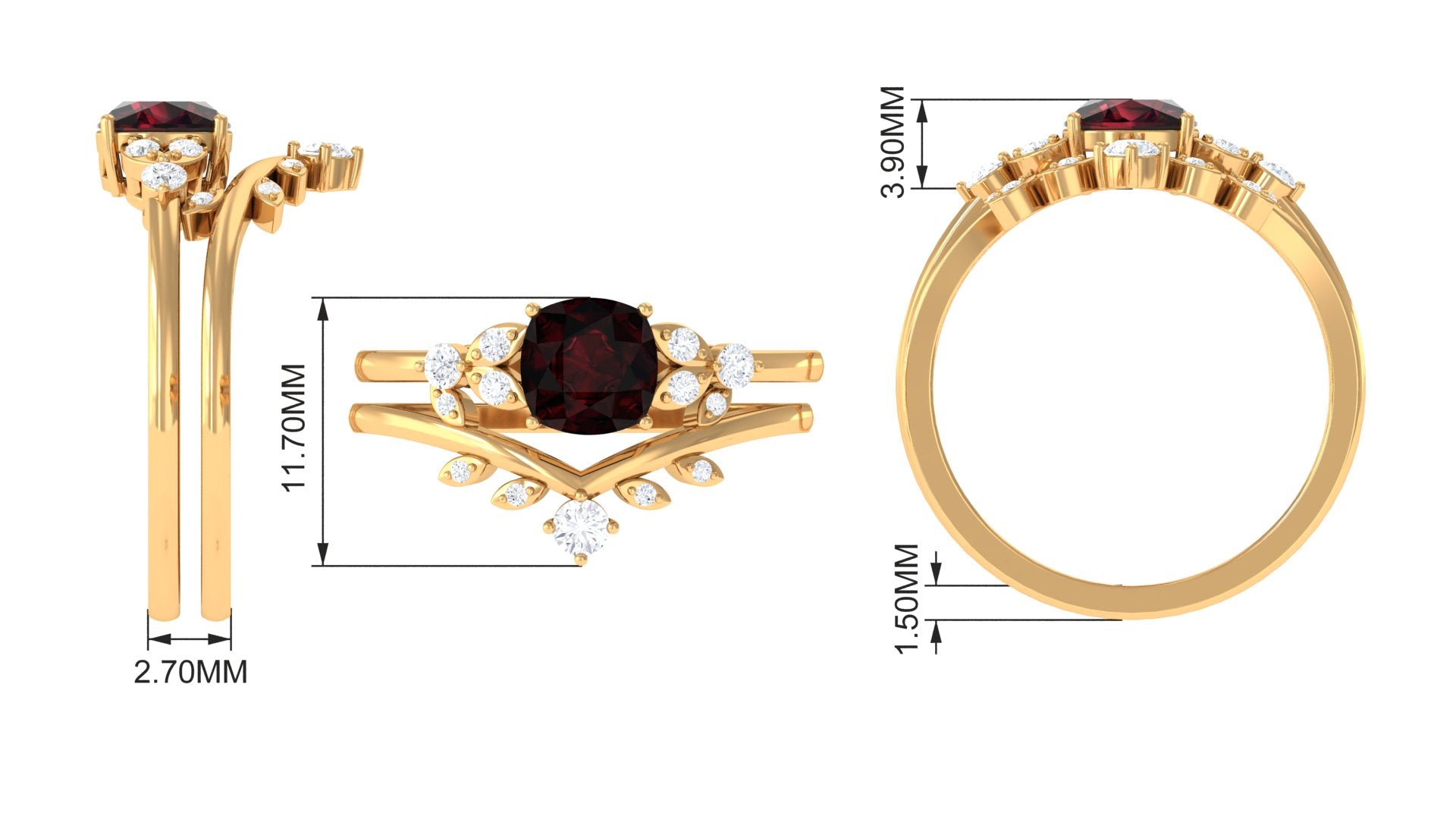 Garnet and Diamond Ring Set with Leaf Motif Garnet - ( AAA ) - Quality - Rosec Jewels