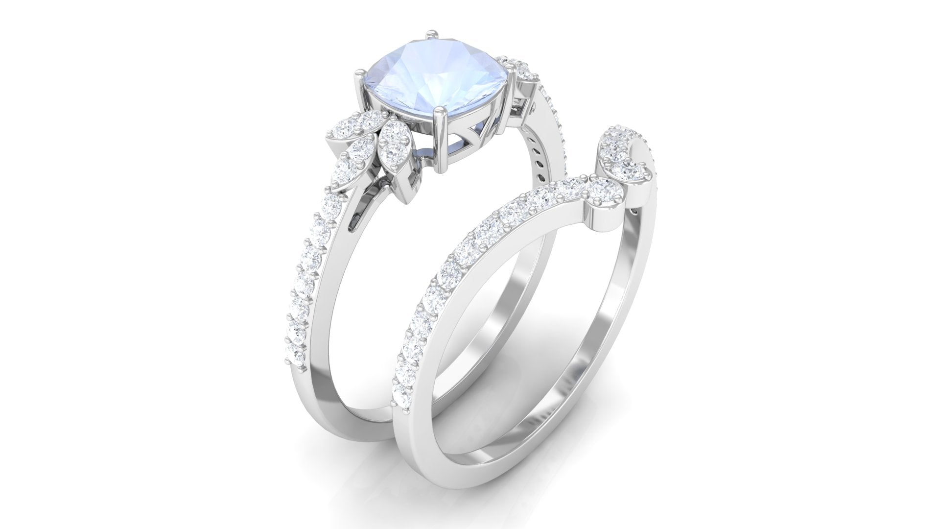 Cushion Cut Moonstone and Diamond Bridal Ring Set Moonstone - ( AAA ) - Quality - Rosec Jewels